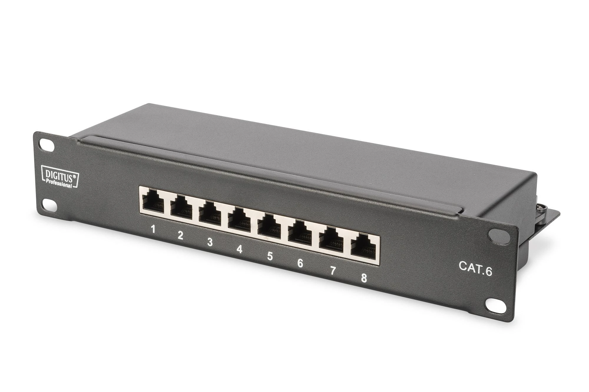 Assmann Electronic DIGITUS CAT 6 E klasės skydelis ekranuotas 8 prievadų RJ45 8P8C LSA 1U 254 mm (10 colių) Rack Mount spalva juodas RAL 9005