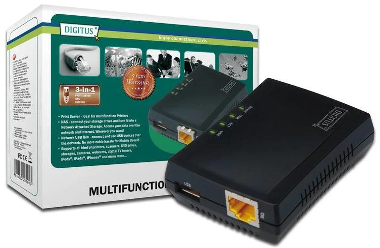 Assmann Electronic DIGITUS daugiafunkcis tinklo serveris 1xUSB2.0 spausdinimo serveris NAS ir tinklo USB šakotuvas 1xRJ45 10/100Mbps LAN
