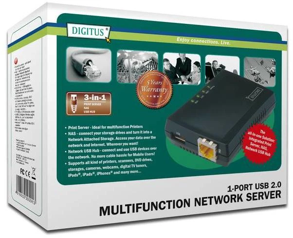 Assmann Electronic DIGITUS daugiafunkcis tinklo serveris 1xUSB2.0 spausdinimo serveris NAS ir tinklo USB šakotuvas 1xRJ45 10/100Mbps LAN