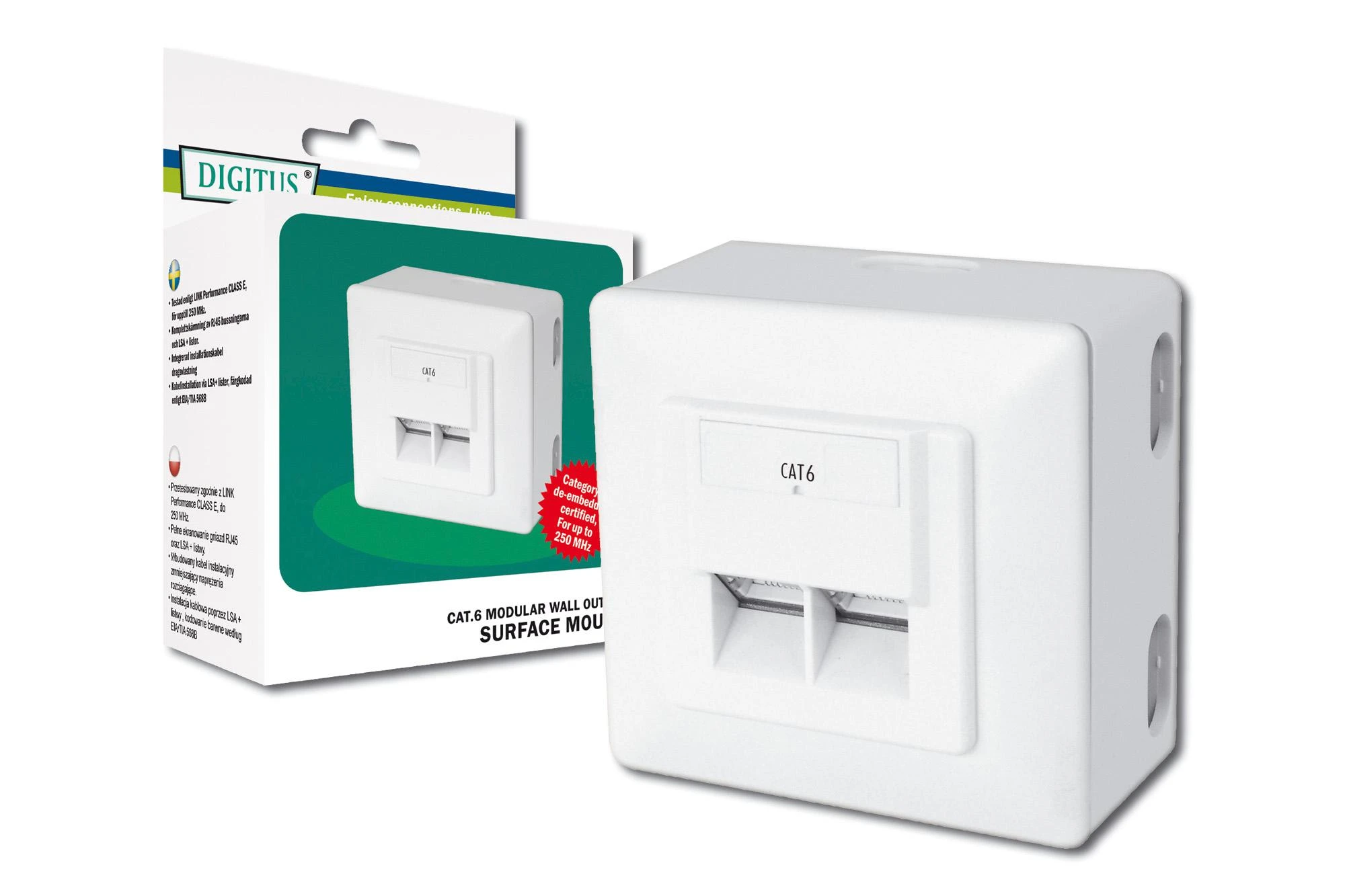 Assmann Electronic DIGITUS modulinis sieninis lizdas 2xRJ45 baltas Cat6 pilnai ekranuotas paviršinis montavimas RAL 9010