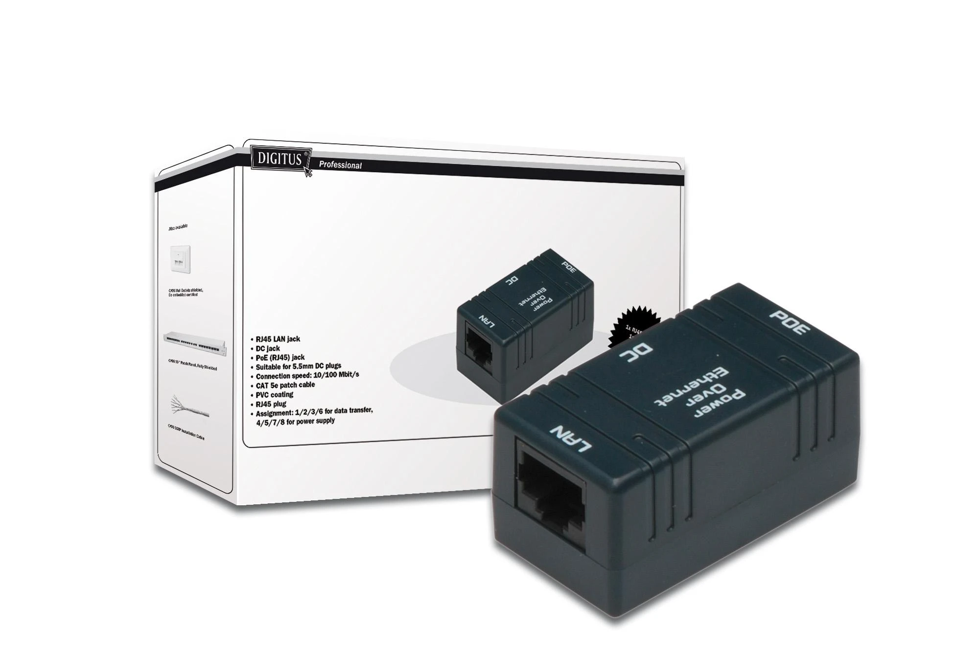 Assmann Electronic DIGITUS PoE energijos dėžutė pasyvi 1 naudotojui 1xRJ45 LAN 1xDC 1xRJ45 PoE 10/100Mbit/s, skirta 5,5 mm nuolatinės srovės kištukams