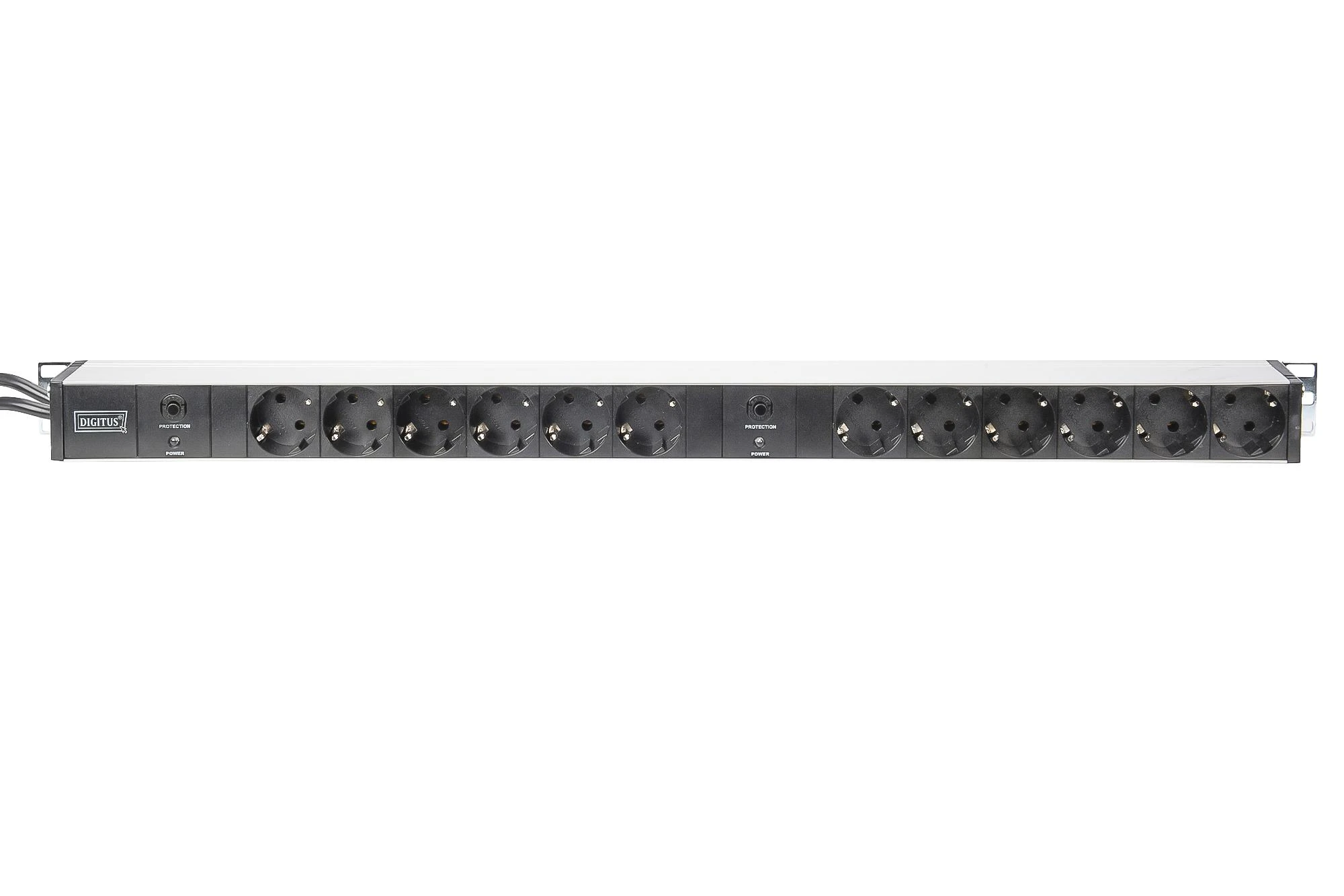 Assmann Electronic DIGITUS 48,3cm 19Zoll Steckdosenleiste Aliuminio 12fach 2Kreislaeufe juodas 2x16A mit 2xUeberlastschutz inkl. Metallhalterung