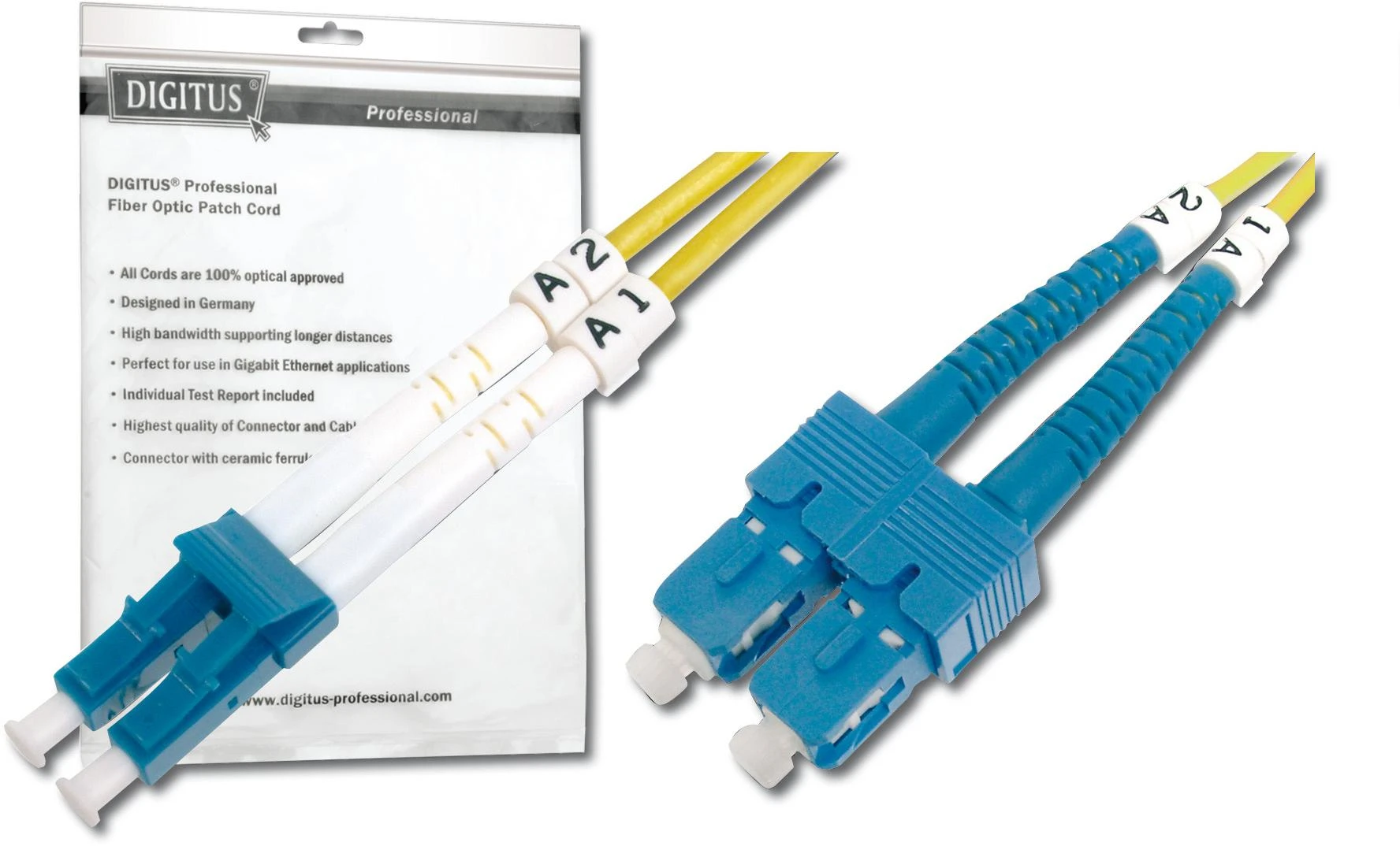 Assmann Electronic DIGITUS LWL patchable LC/SC 09/125um singelmode Duplex be halogenų su protokolu geltona 1m