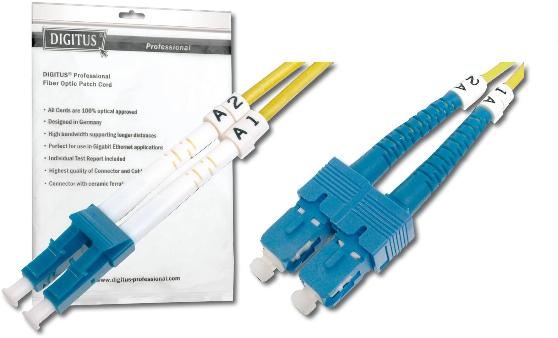 Assmann Electronic DIGITUS LWL patchable LC/SC 09/125um singelmode Duplex be halogenų su protokolu geltona 2m