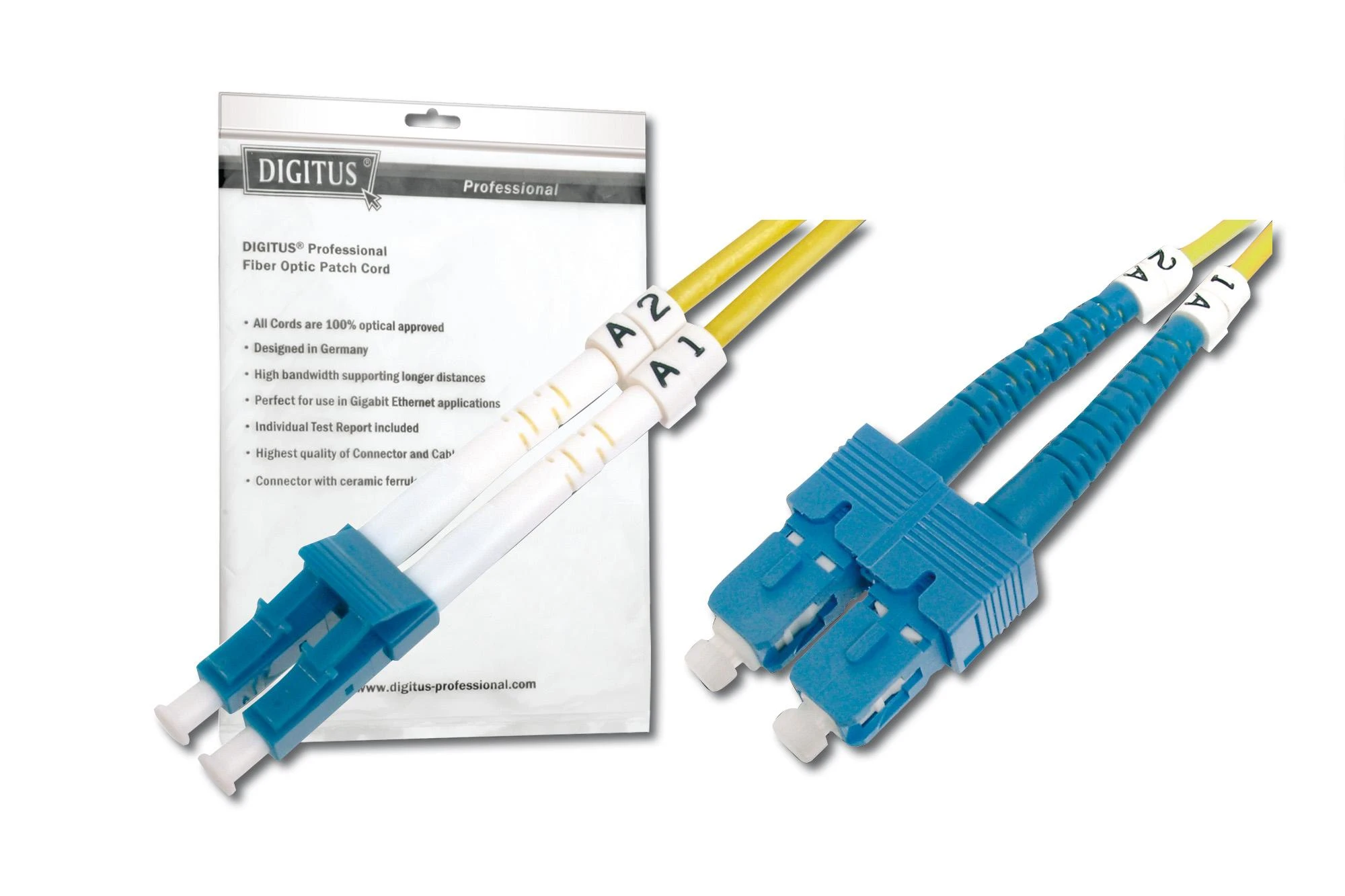 Assmann Electronic DIGITUS LWL patchable LC/SC 09/125um singelmode Duplex be halogenų su protokolu geltona 3m