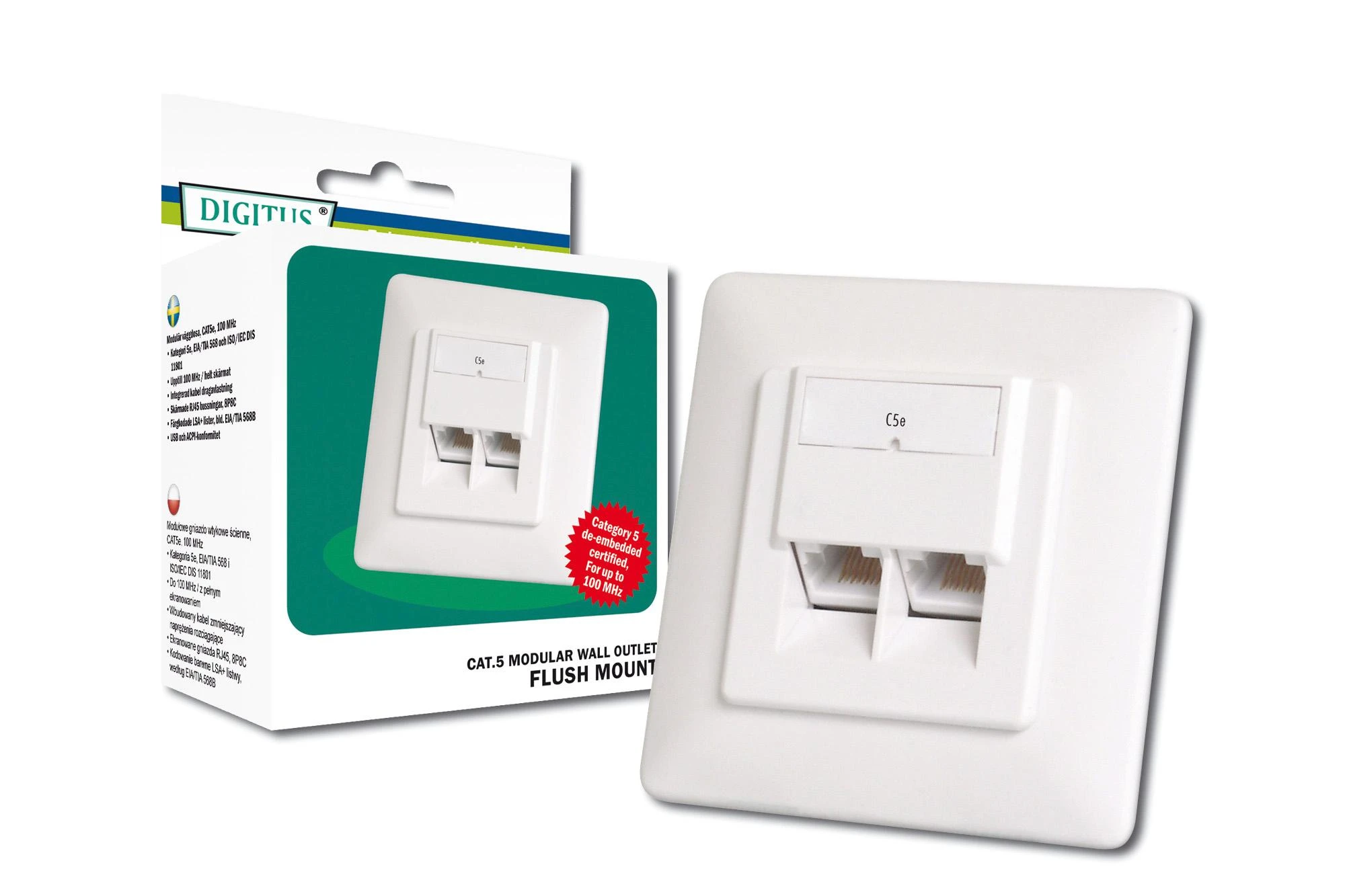 DIGITUS CAT 5e modulinis sieninis lizdas, ekranuotas, 2x RJ45, 8P8C, LSA, grynos baltos spalvos, įleidžiamas, DN-9001/B5-N