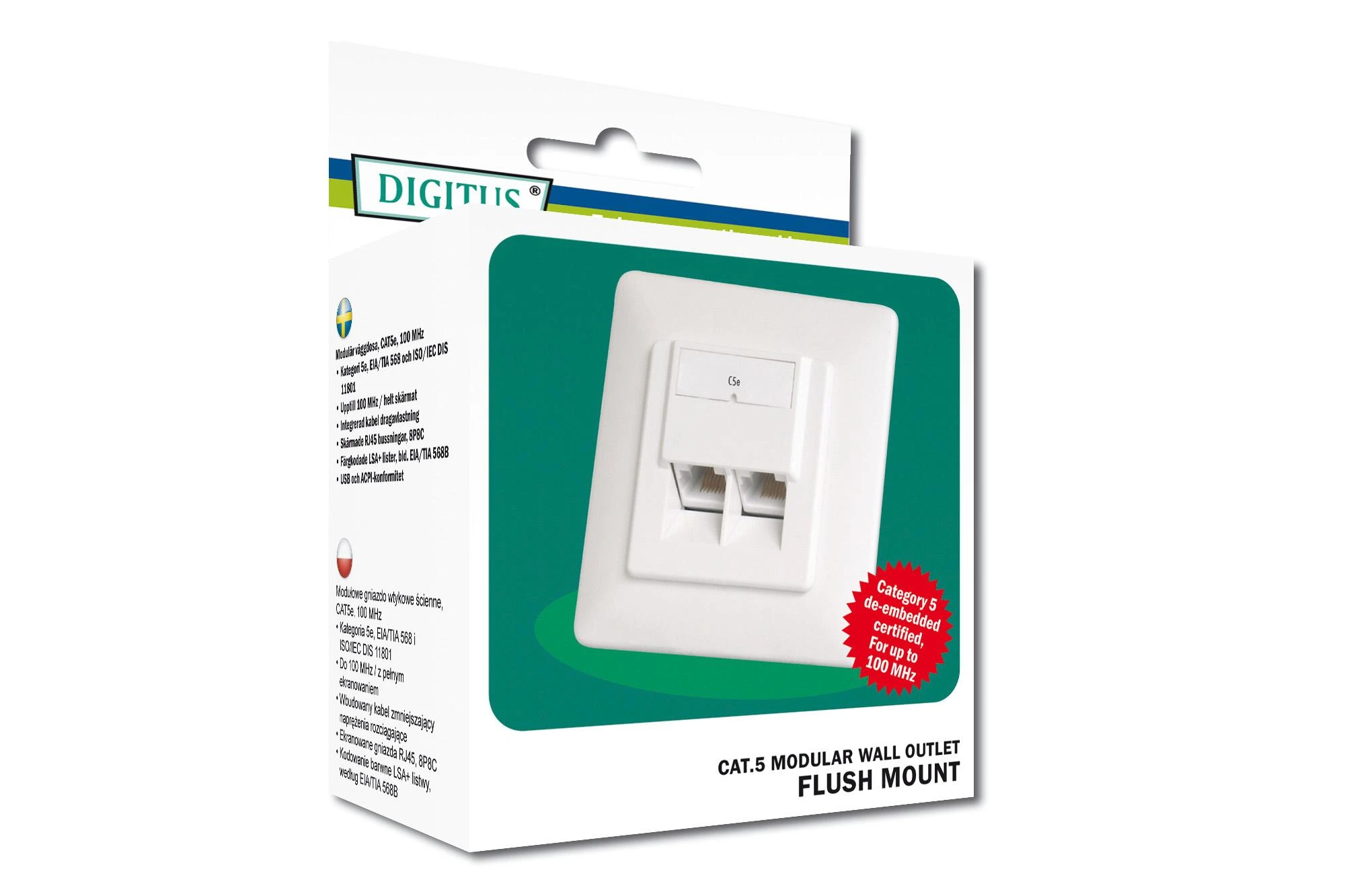 DIGITUS CAT 5e modulinis sieninis lizdas, ekranuotas, 2x RJ45, 8P8C, LSA, grynos baltos spalvos, įleidžiamas, DN-9001/B5-N