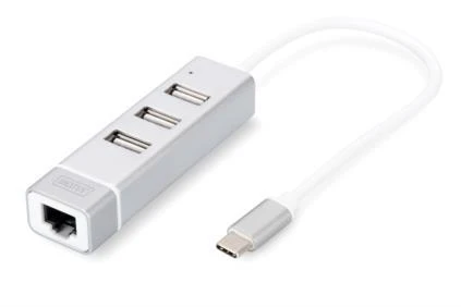 Assmann Electronic DIGITUS USB 2.0 3 prievadų šakotuvas + greitas Ethernet LAN adapteris su C tipo jungtimi