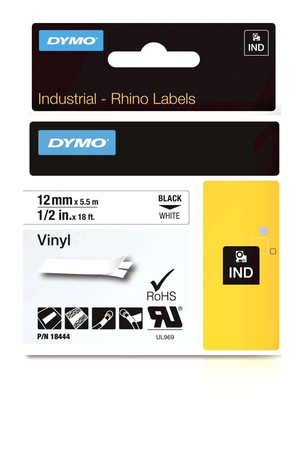 Juostelė DYMO Rhino 12mm x 5.5m, vinilinė, juoda ant balto / S0718600 18444