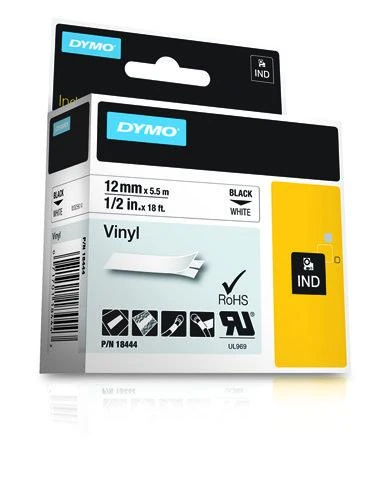 Juostelė DYMO Rhino 12mm x 5.5m, vinilinė, juoda ant balto / S0718600 18444