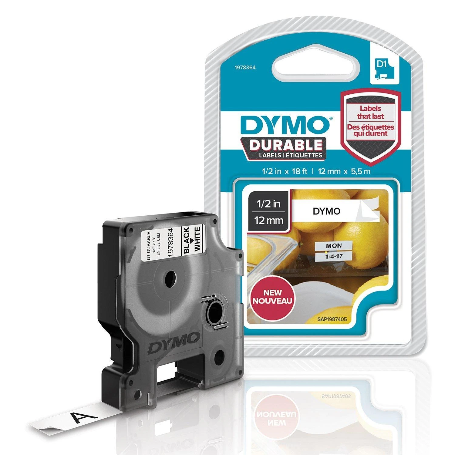 DYMO D1 Patvarus 12 mm x 5,5 M, Juodas ant Balto