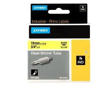 DYMO Rhino Professional, pastebimai susitraukiantis vamzdelis, 19x1,5 mm, juodas tekstas ant geltonos žarnos, 1,5 m, 18058