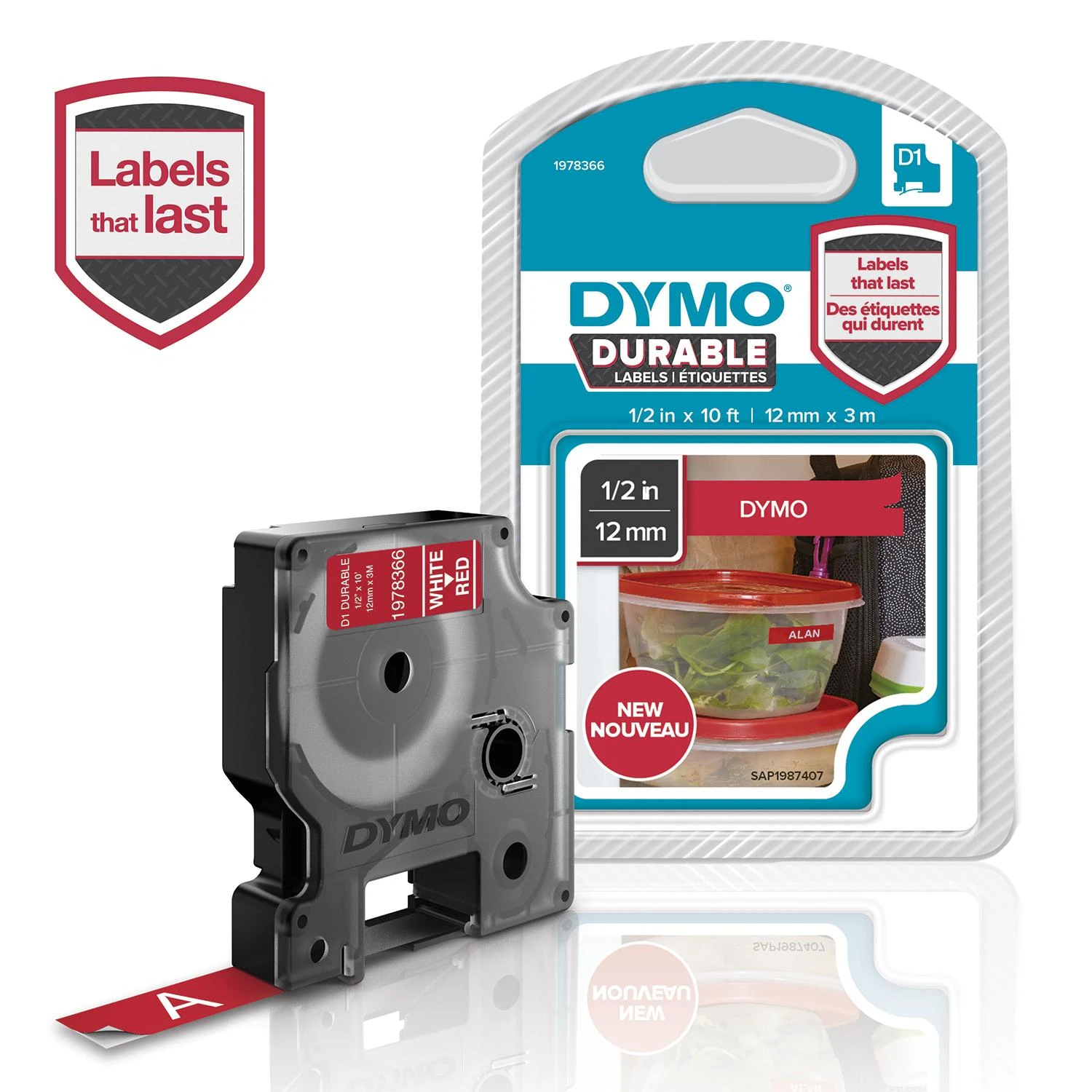 DYMO D1 Durable Juostelė 12mm x 3m / baltas ant raudonos (1978366)