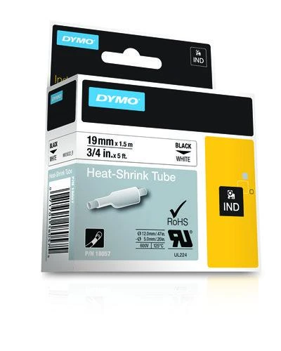 DYMO Rhino Professional, pastebimai susitraukiantis vamzdelis, 19x1,5 mm, juodas tekstas ant baltos žarnos, 1,5 m 18057