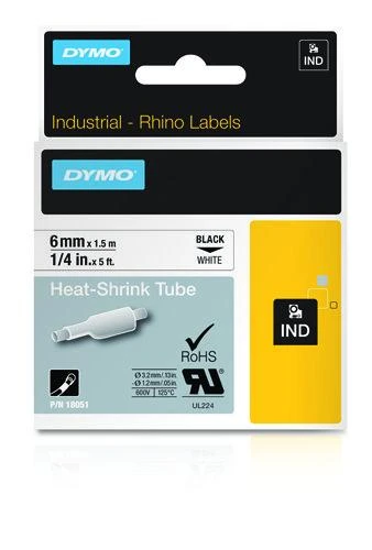 RhinoPRO kabelių žymėjimo vamzdelis 6 mm, juodas tekstas ant balto vamzdelio, 1,5 m DYMO / 18051