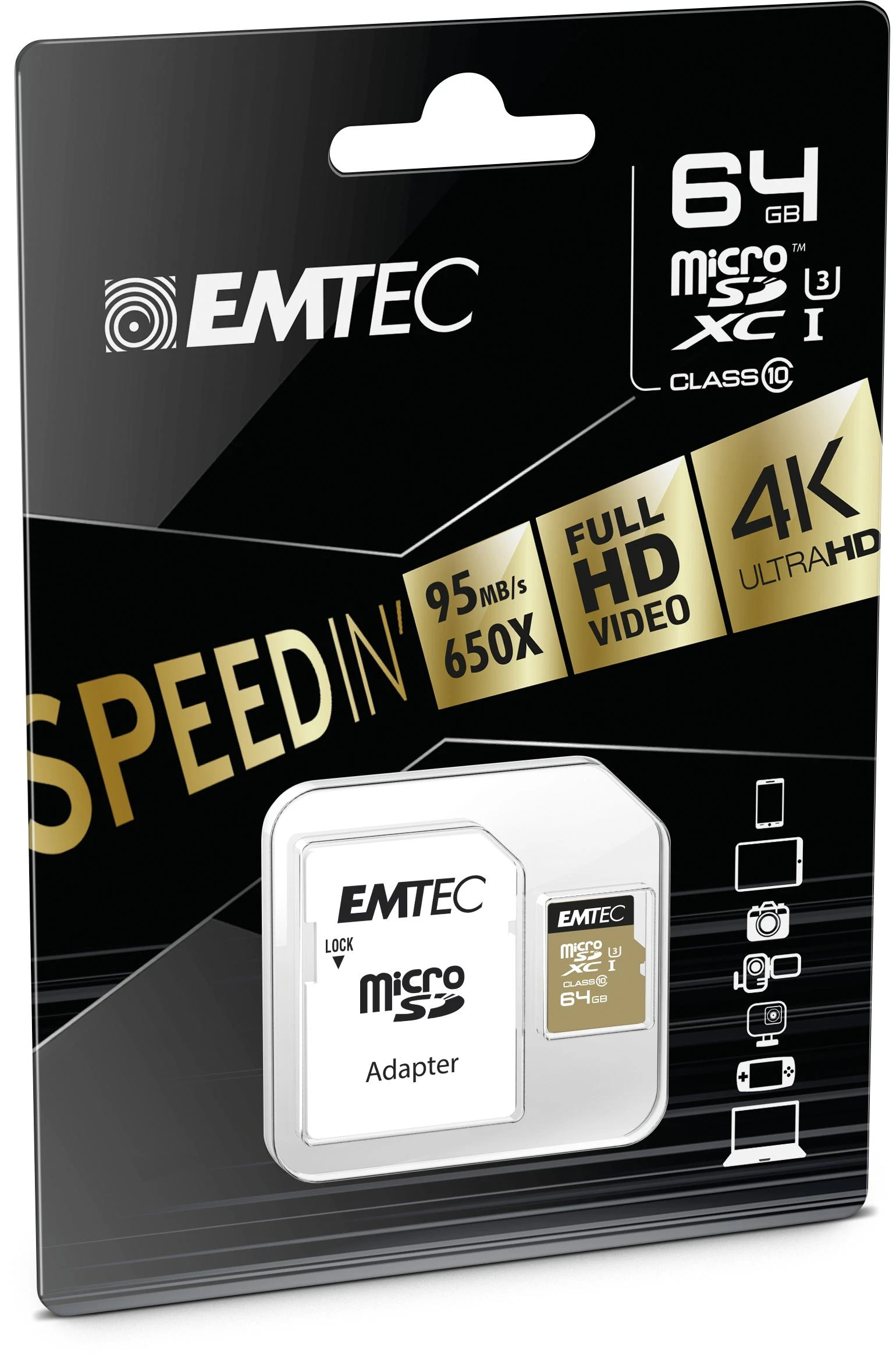 Karta Emtec Speedin Pro Micro SDXC 64 GB 10 klasės UHS-I/U3 A1 V30 (ECMSDM64GXC10SP)
