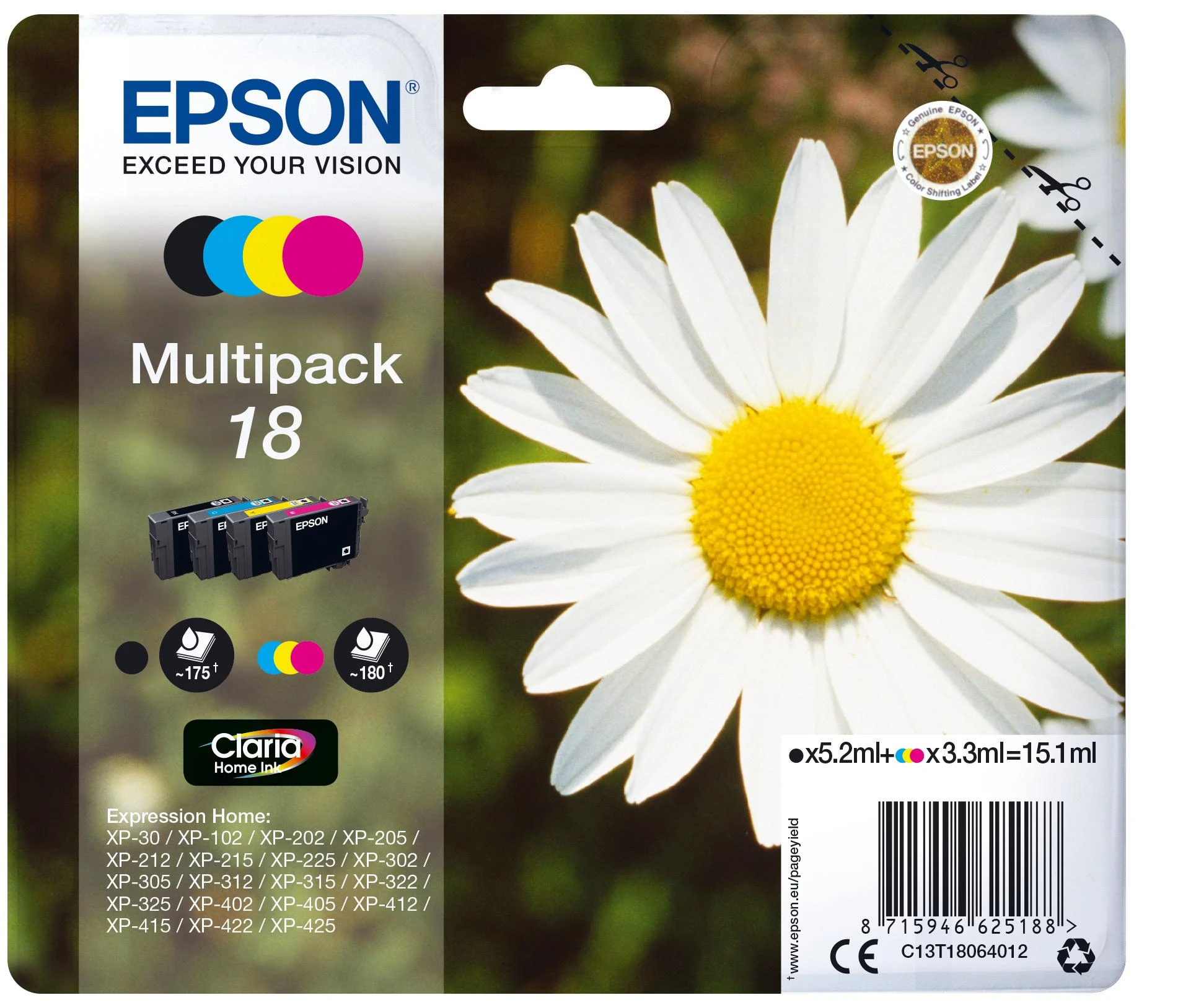 Epson 18 Multipack Ink cartridge, Juodas, žalsvai mėlyna, purpurinė, geltona