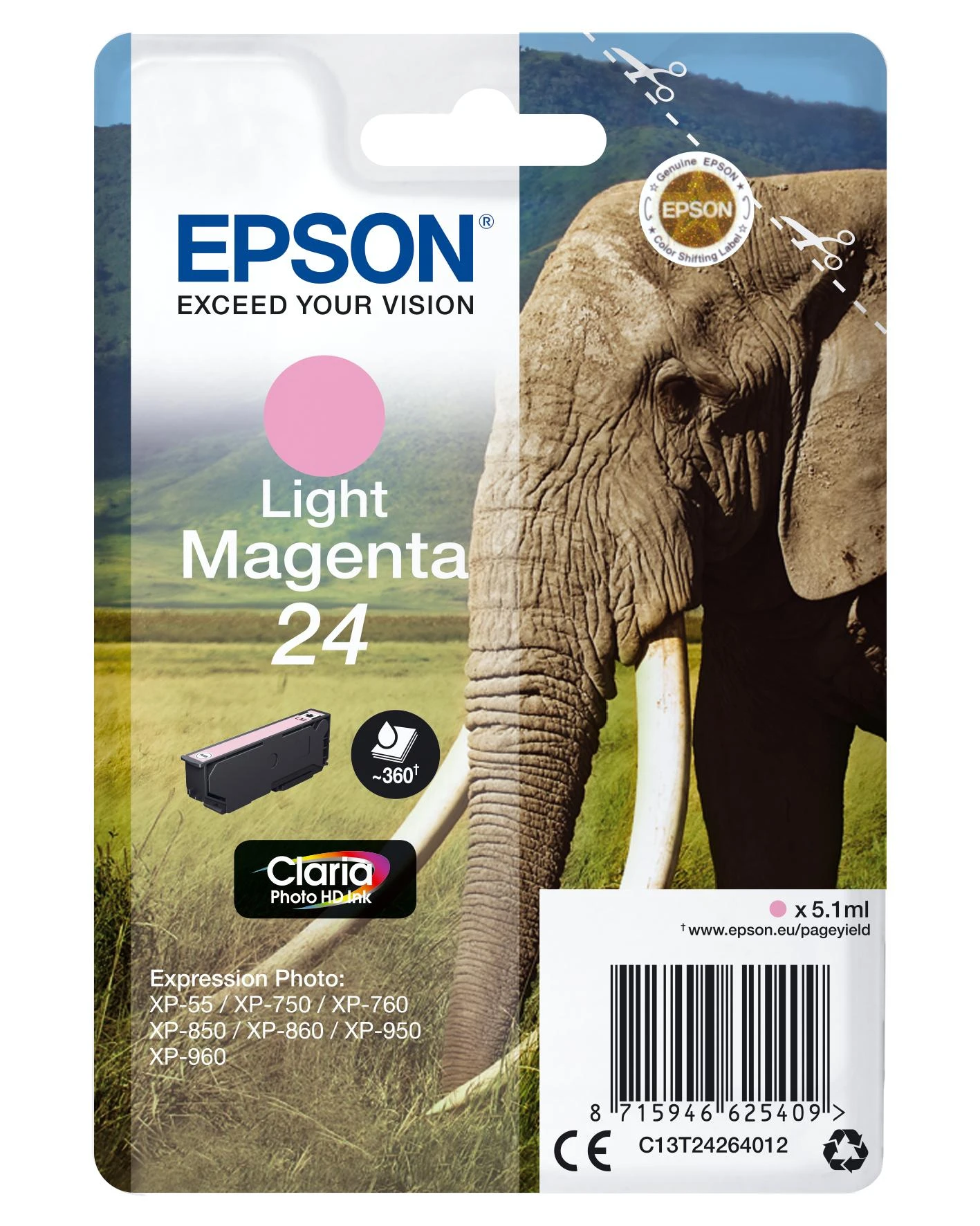 Epson Elephant Singlepack Light Magenta 24 Claria Photo HD rašalas - Originalus - Pigmentinis rašalas - Šviesiai purpurinis - Epson - - Expression Photo XP-960 - Expression Photo XP-950 - Expression Photo XP-860 - Expression Photo... - 1 vnt. (s)