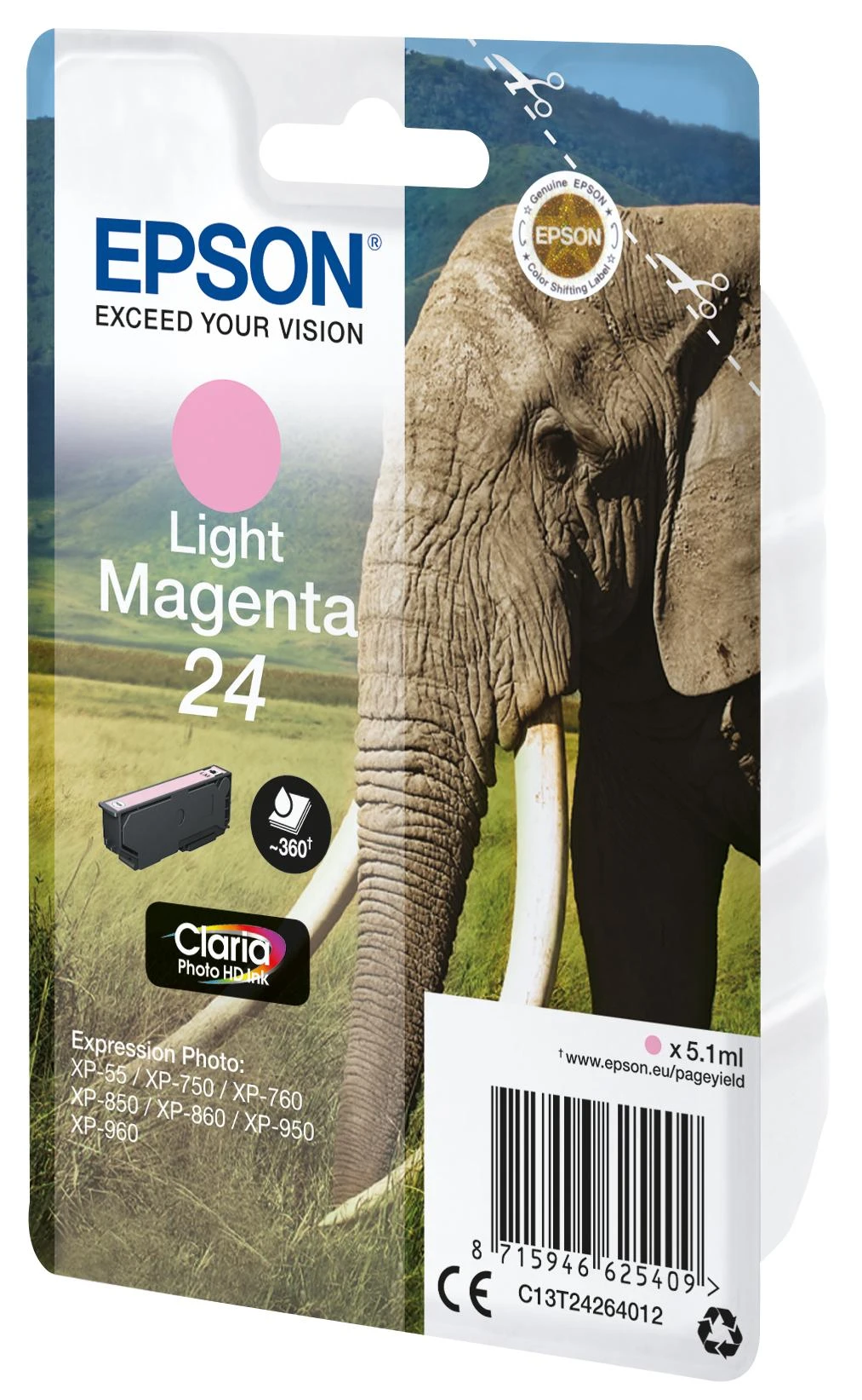 Epson Elephant Singlepack Light Magenta 24 Claria Photo HD rašalas - Originalus - Pigmentinis rašalas - Šviesiai purpurinis - Epson - - Expression Photo XP-960 - Expression Photo XP-950 - Expression Photo XP-860 - Expression Photo... - 1 vnt. (s)