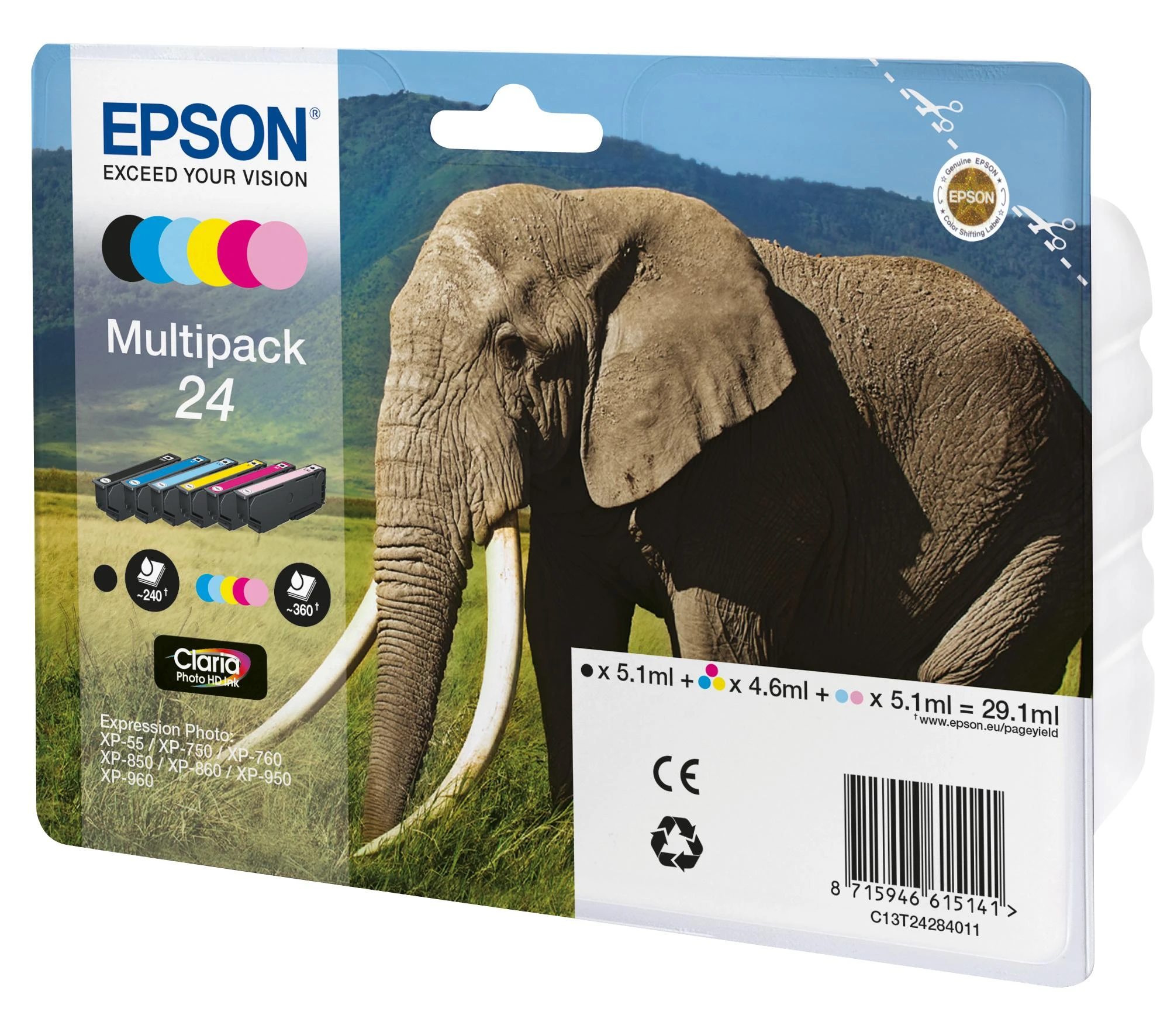 „Epson Elephant Multipack“ 6 spalvų, 24 „Claria Photo HD“ rašalo kasetės – originalios – pigmento pagrindo rašalas – juoda, žydra, šviesiai žydra, šviesiai rausvai raudona, rausvai raudona, geltona – „Epson“ – „Expression Photo XP-960“, „Expression Photo XP-950“, „Expression Photo XP-860“, „Expression Photo...“ – 1 vnt.