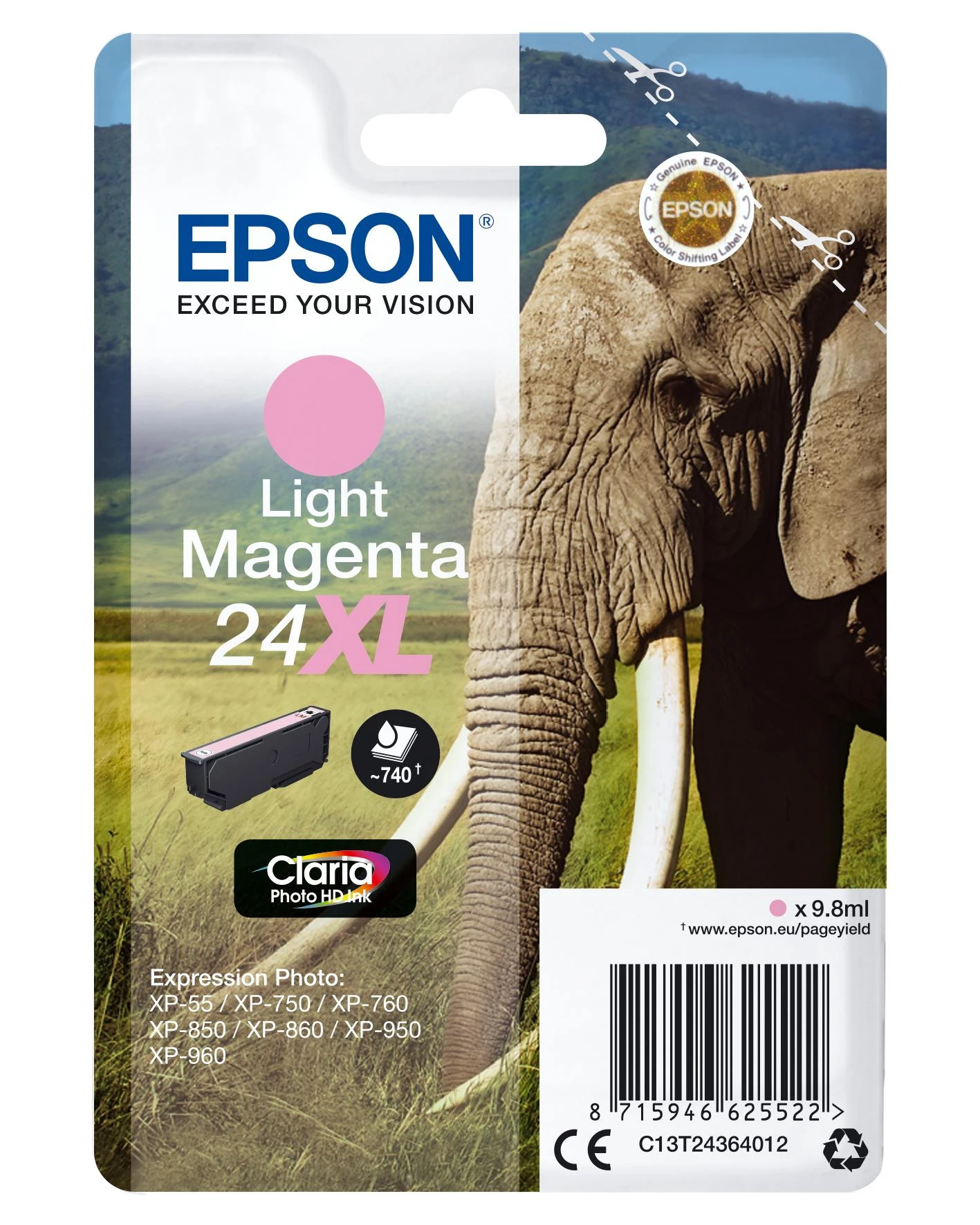 „Epson Claria Photo HD“ šviesiai purpurinės spalvos rašalo kasetė, 24XL, šviesiai purpurinė