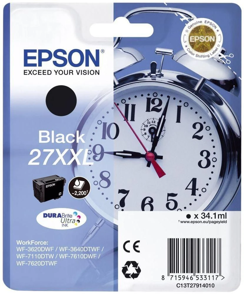 Epson Singlepack Juodas 27XXL DURABrite Ultra Ink - Original - Pigmento pagrindo rašalas - Juodas - Epson - - WorkForce WF-7720DTWF - WorkForce WF-7715DWF - WorkForce WF-7710DWF - WorkForce WF-7620DWF -...s -)1WT