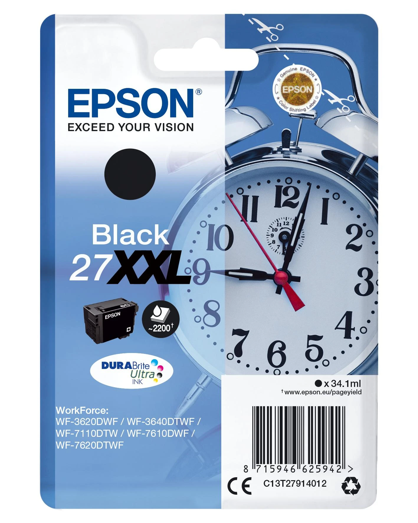 Epson Singlepack Juodas 27XXL DURABrite Ultra Ink - Original - Pigmento pagrindo rašalas - Juodas - Epson - - WorkForce WF-7720DTWF - WorkForce WF-7715DWF - WorkForce WF-7710DWF - WorkForce WF-7620DWF -...s -)1WT