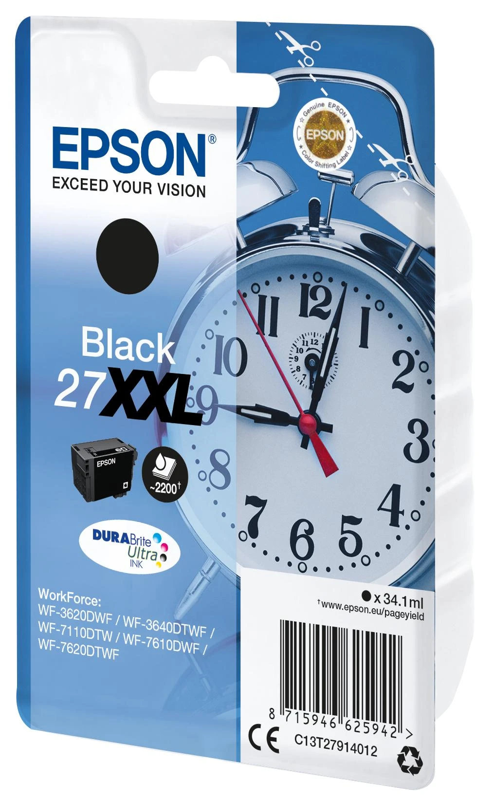 Epson Singlepack Juodas 27XXL DURABrite Ultra Ink - Original - Pigmento pagrindo rašalas - Juodas - Epson - - WorkForce WF-7720DTWF - WorkForce WF-7715DWF - WorkForce WF-7710DWF - WorkForce WF-7620DWF -...s -)1WT