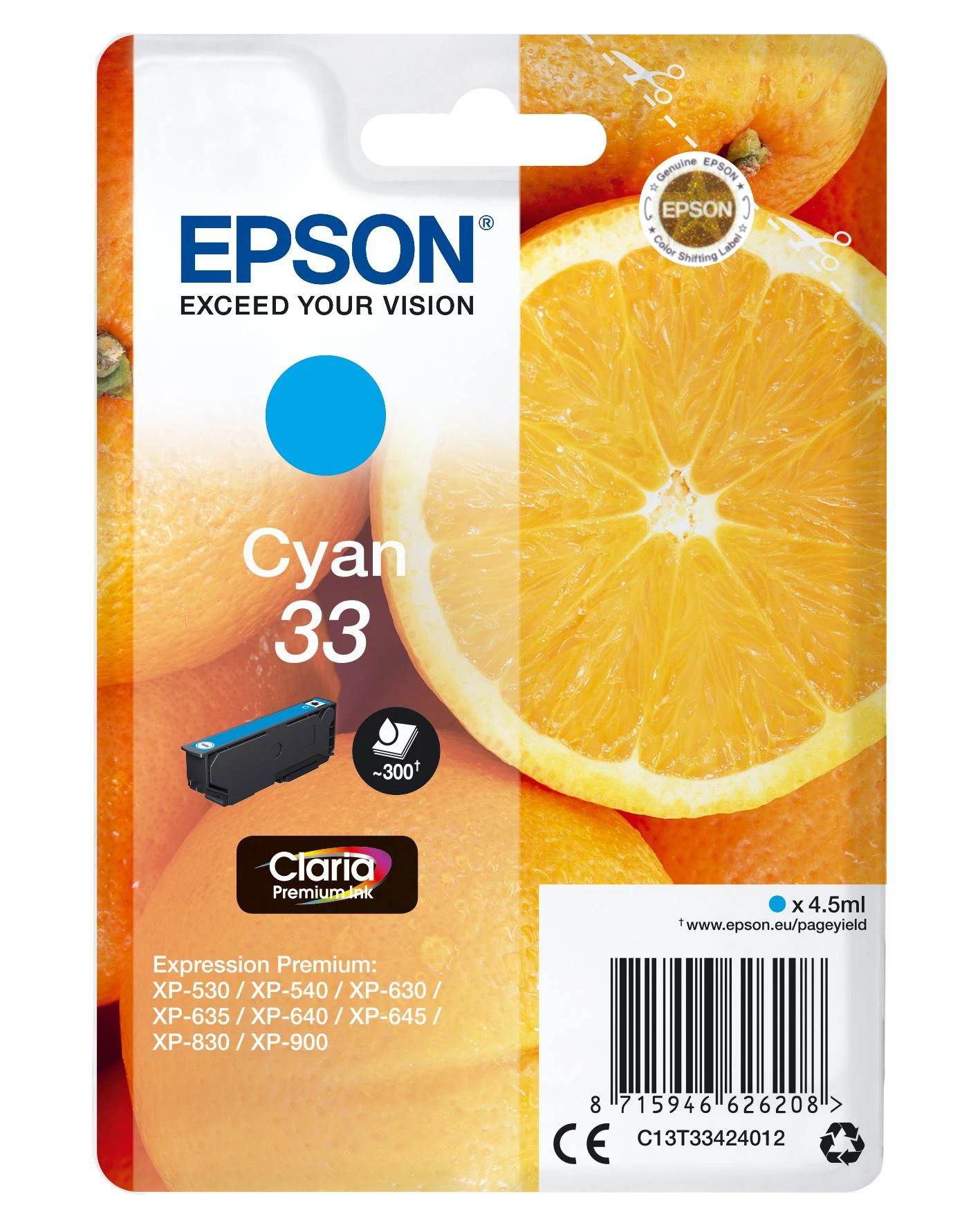 Epson rašalo kasetė žalsvai mėlyna Claria Premium 33 T 3342