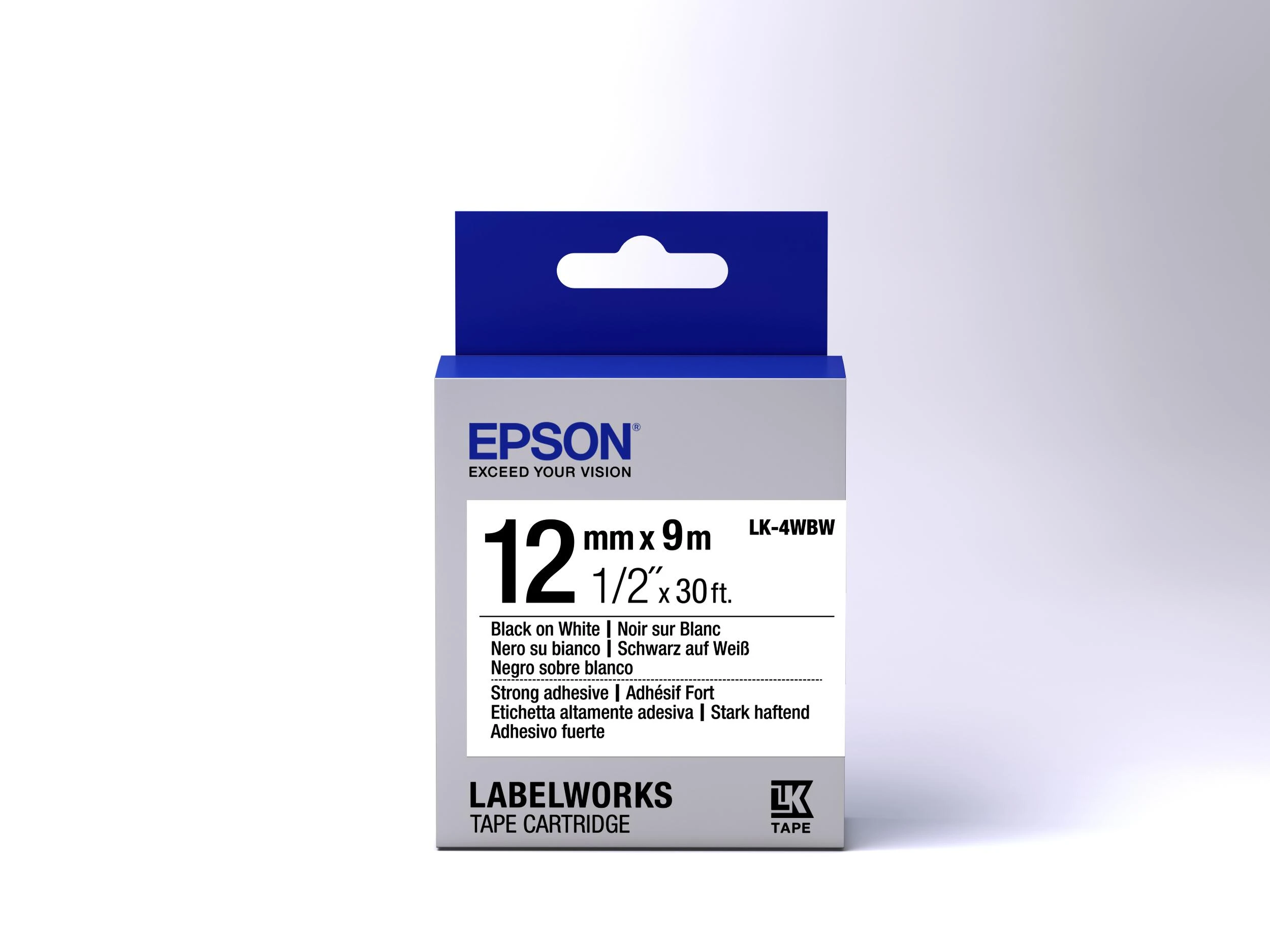 Epson LK-4WBW (C53S654016) Ženklinimo juostos kasetė, Strong Adhesive, Juodas on Baltas (12mm, 9m)