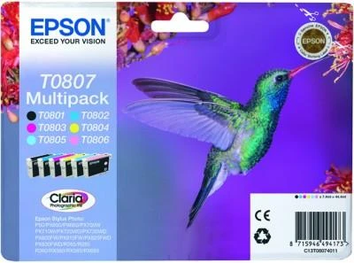 Epson Multipack 6 spalvų T0807 Claria fotografijos rašalo kasetė, Juodas, žydra, šviesiai žalsvai mėlyna, rausvai raudona, šviesiai purpurinė, geltona