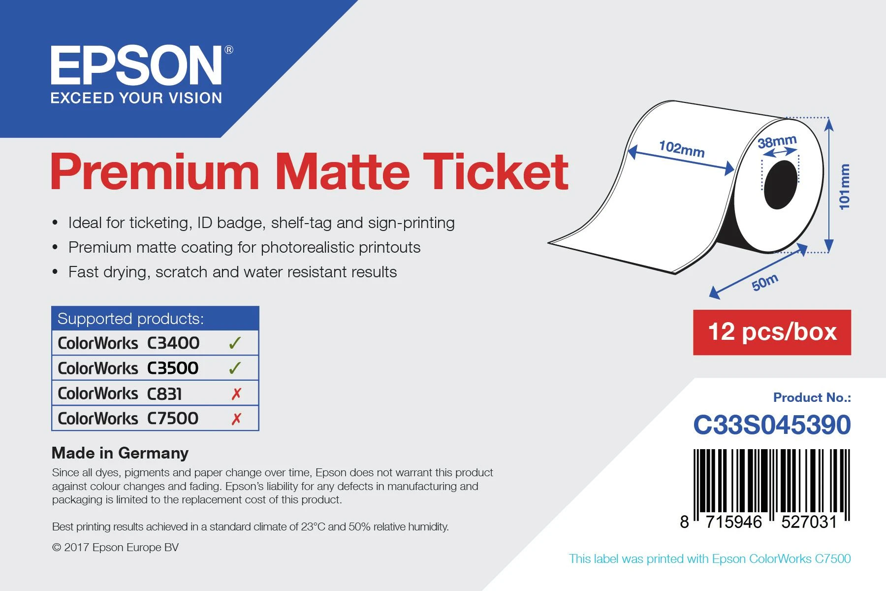 „Epson Premium“ matinis bilietas – ritinys: 102 mm x 50 m