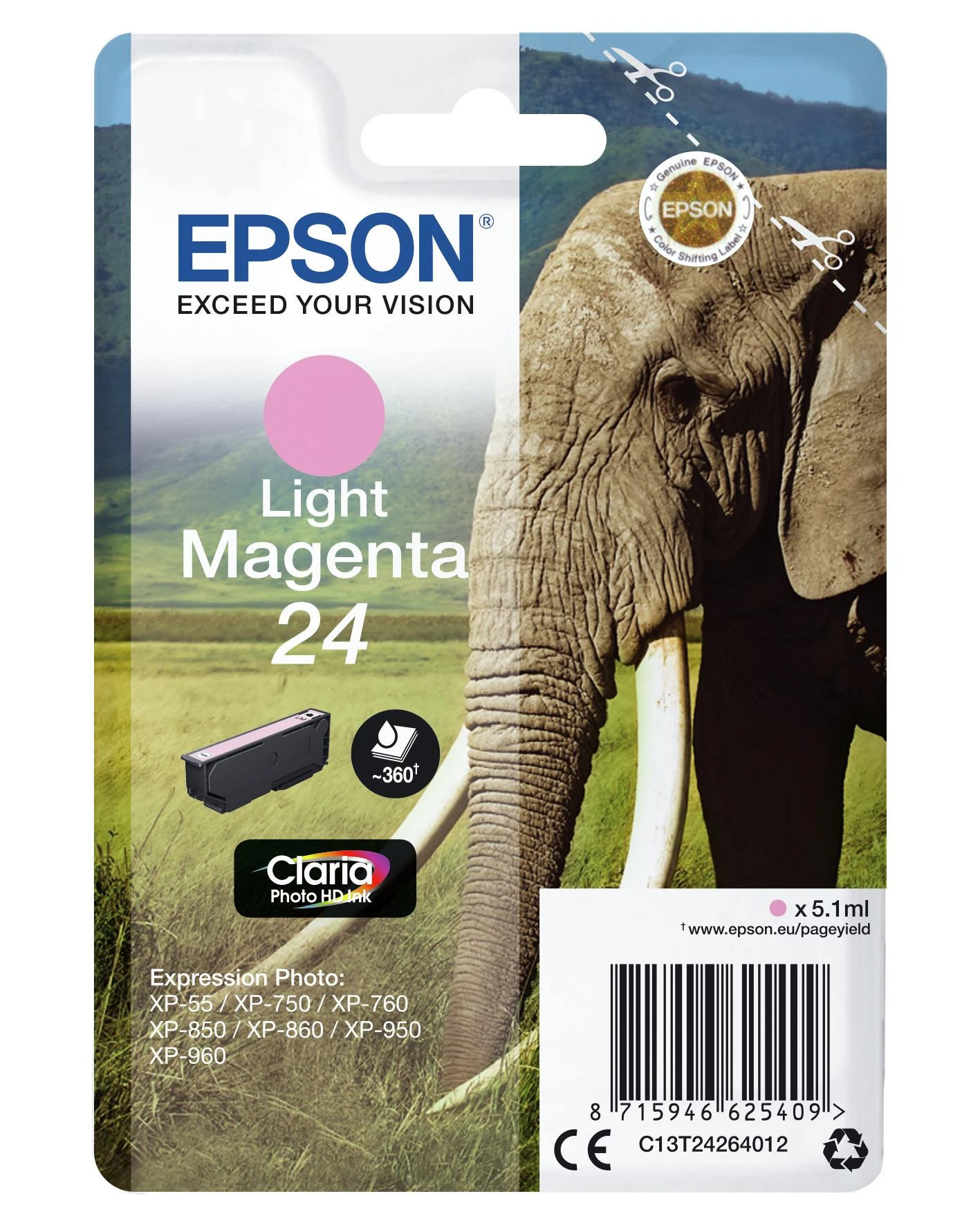 Epson Elephant Singlepack Light Magenta 24 Claria Photo HD rašalas - Originalus - Pigmentinis rašalas - Šviesiai purpurinis - Epson - - Expression Photo XP-960 - Expression Photo XP-950 - Expression Photo XP-860 - Expression Photo... - 1 vnt. (s)