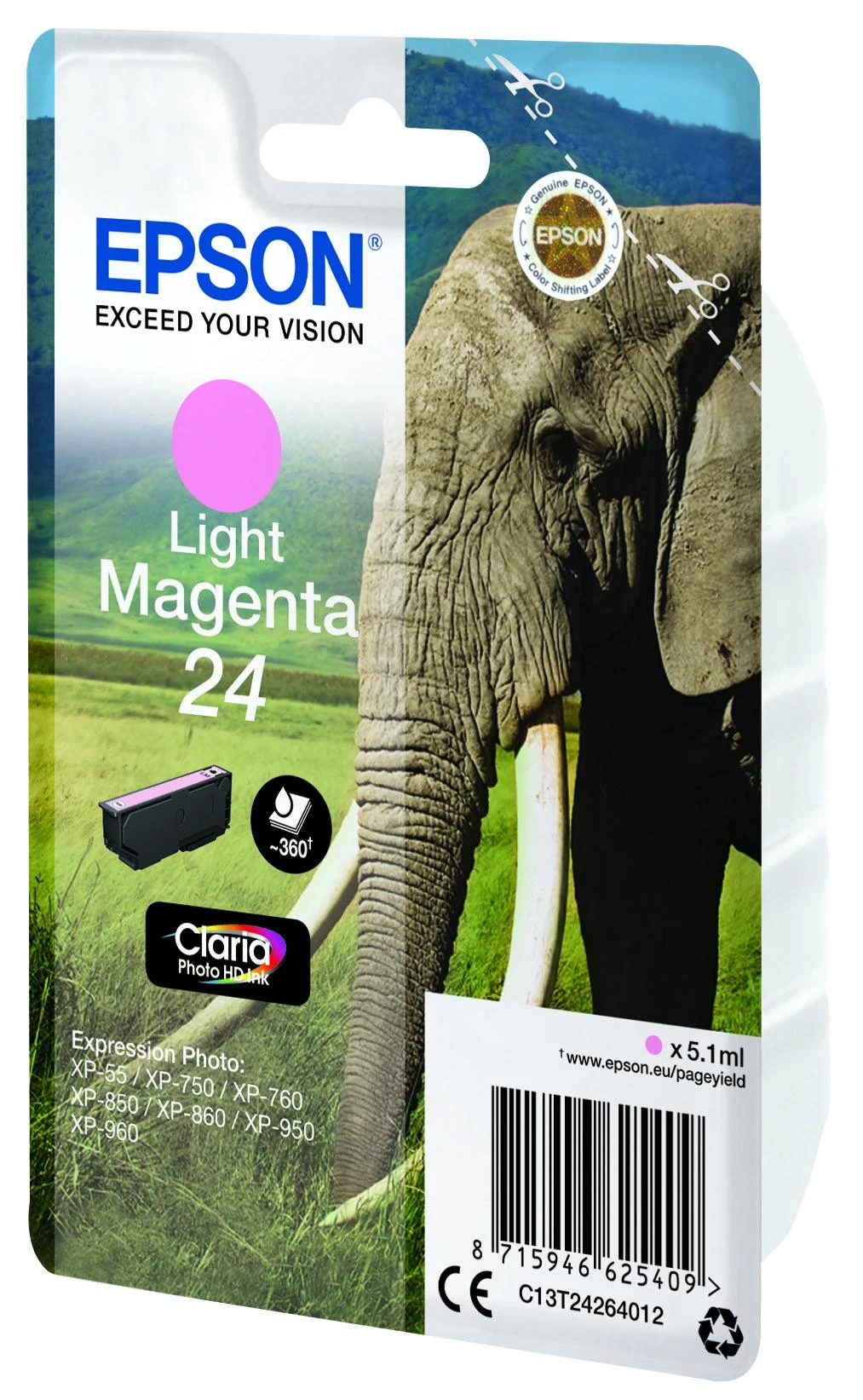 Epson Elephant Singlepack Light Magenta 24 Claria Photo HD rašalas - Originalus - Pigmentinis rašalas - Šviesiai purpurinis - Epson - - Expression Photo XP-960 - Expression Photo XP-950 - Expression Photo XP-860 - Expression Photo... - 1 vnt. (s)