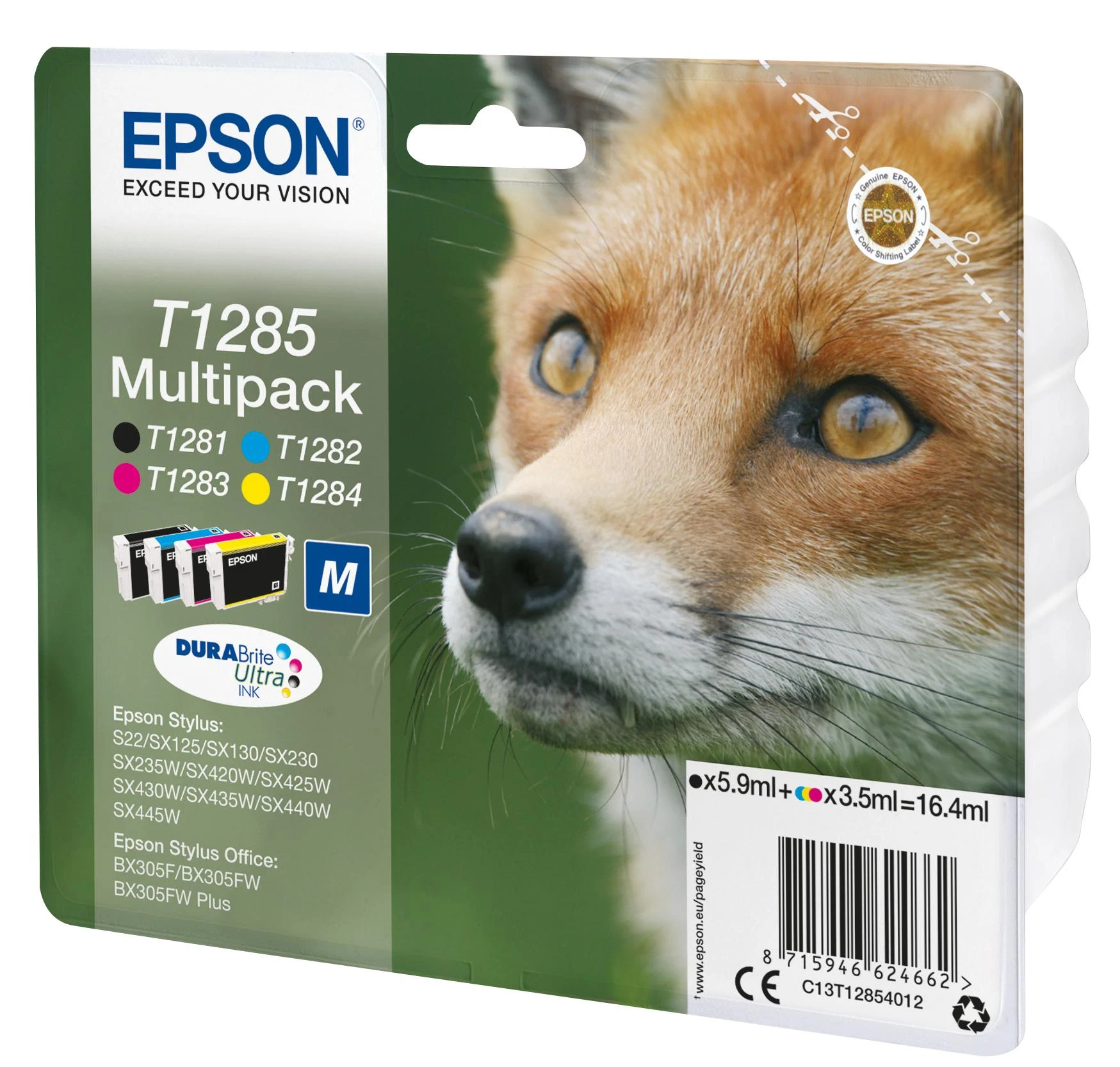 EPSON T1285 rašalo kasetė juoda ir trispalvė standartinė talpa 5,9 ml ir 3 x 3,5 ml 4 pakuočių lizdinė plokštelė be signalizacijos