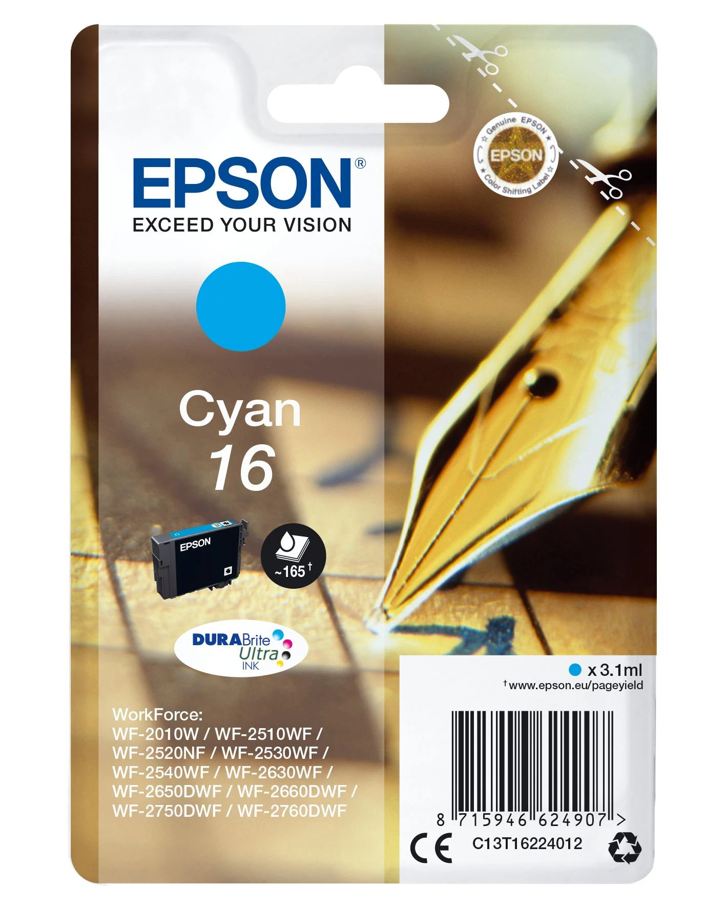 Kasetė - Epson Ink No 16 (C13T16224012, cyan)