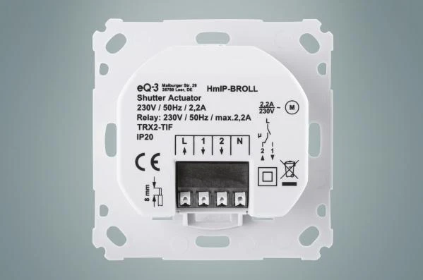HomeMatic IP volo valdymo modulis su techninėmis specifikacijomis