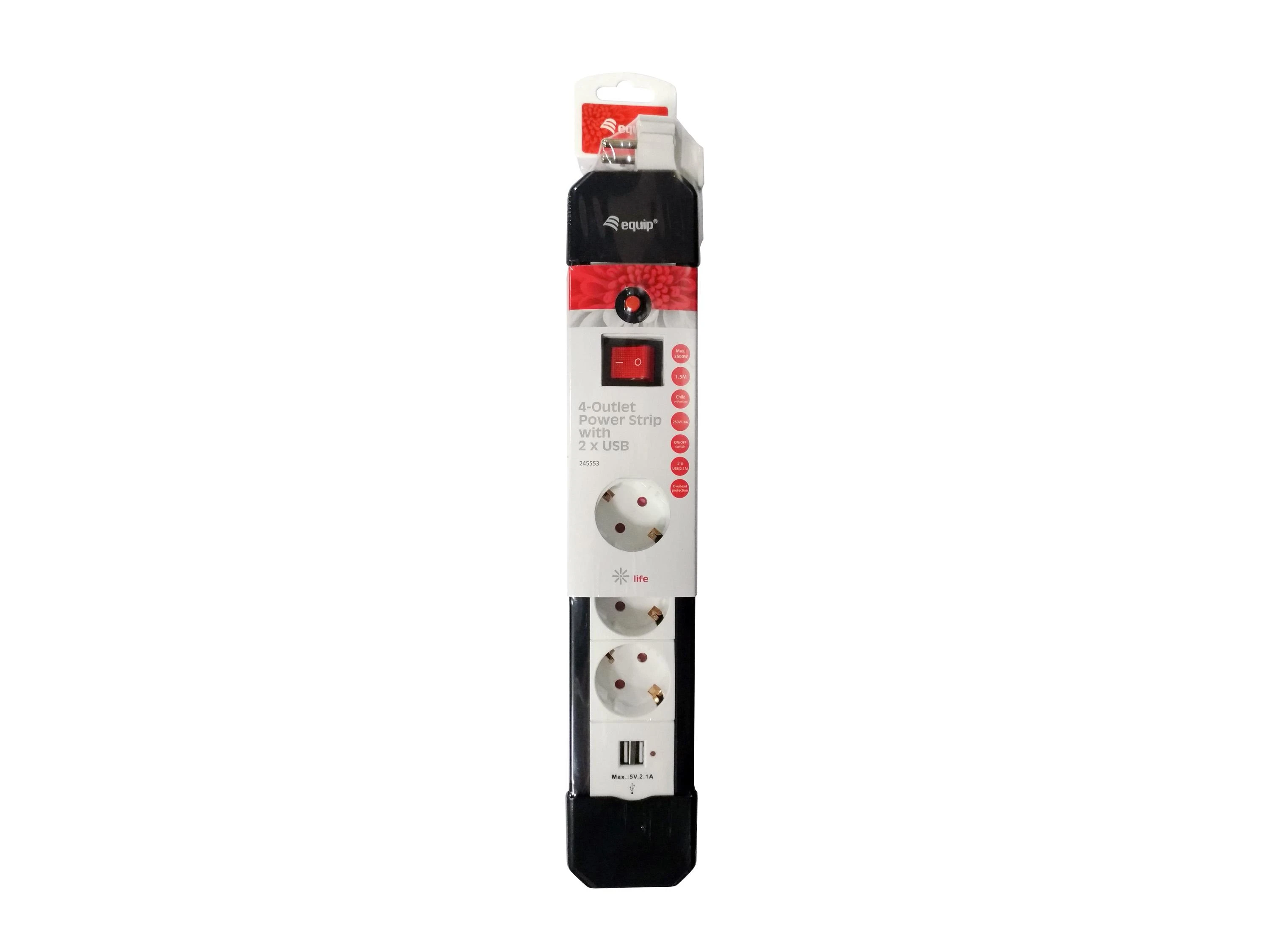 Equip Steckdosenleiste 4-fach Schuko 1.5m mit 2xUSB+Schalter