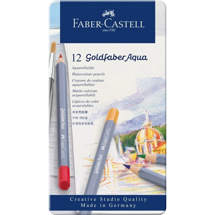 Spalvoti akvareliniai pieštukai Faber-Castell Goldfaber Aqua Creative Studio, 12 spalvų, metalinėje dėžutėje