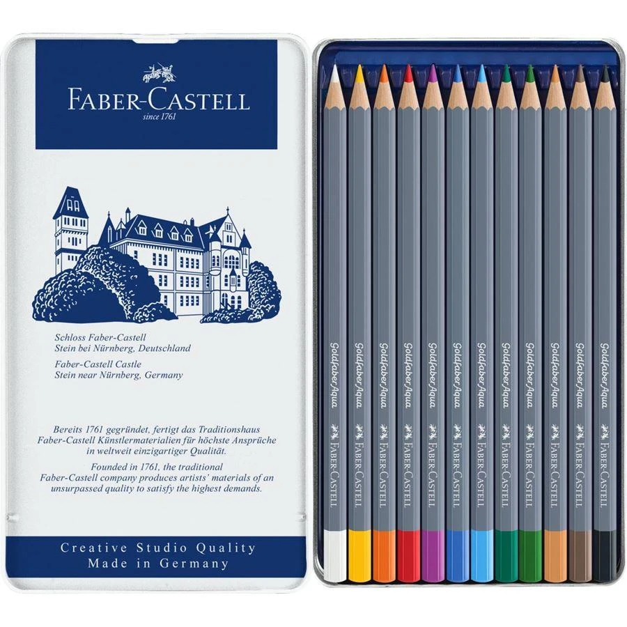 Spalvoti akvareliniai pieštukai Faber-Castell Goldfaber Aqua Creative Studio, 12 spalvų, metalinėje dėžutėje