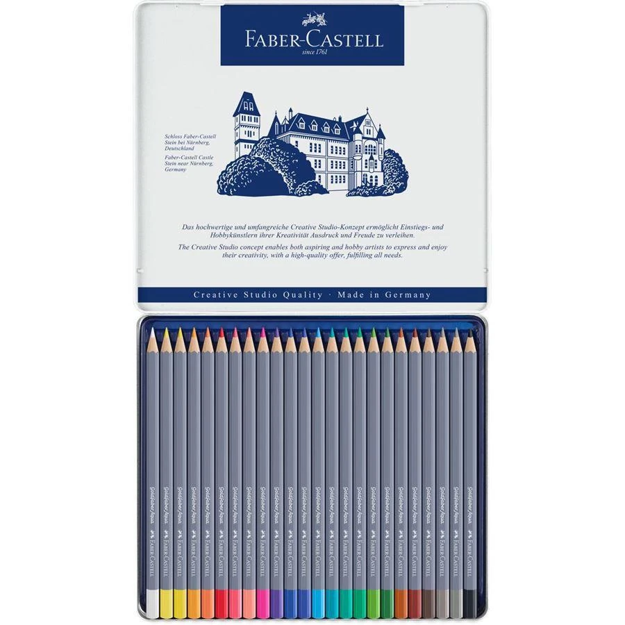 Spalvoti akvareliniai pieštukai Faber-Castell Goldfaber Aqua Creative Studio, 24 spalvų, metalinėje dėžutėje
