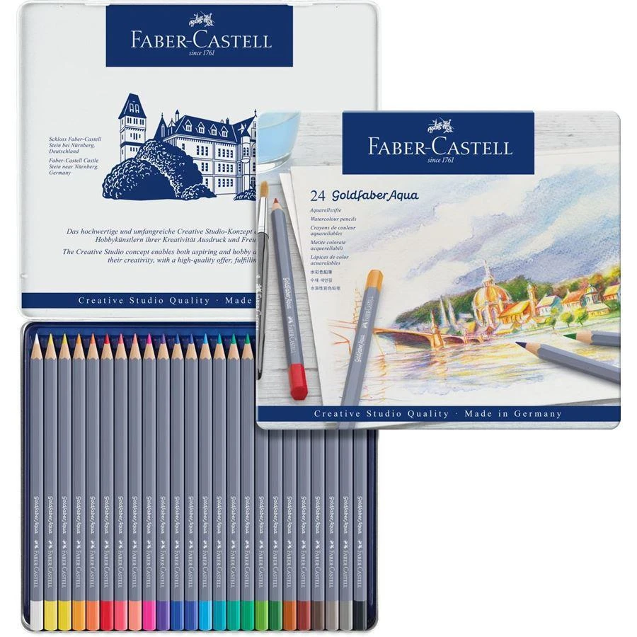 Spalvoti akvareliniai pieštukai Faber-Castell Goldfaber Aqua Creative Studio, 24 spalvų, metalinėje dėžutėje