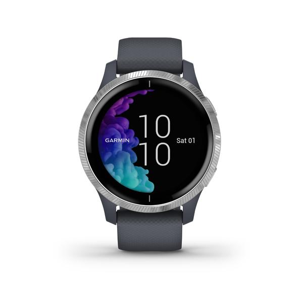 Išmanusis laikrodis Garmin Venu, Sidabro spalvos korpuso apvadas su mėlynai pilkos spalvos dirželiu