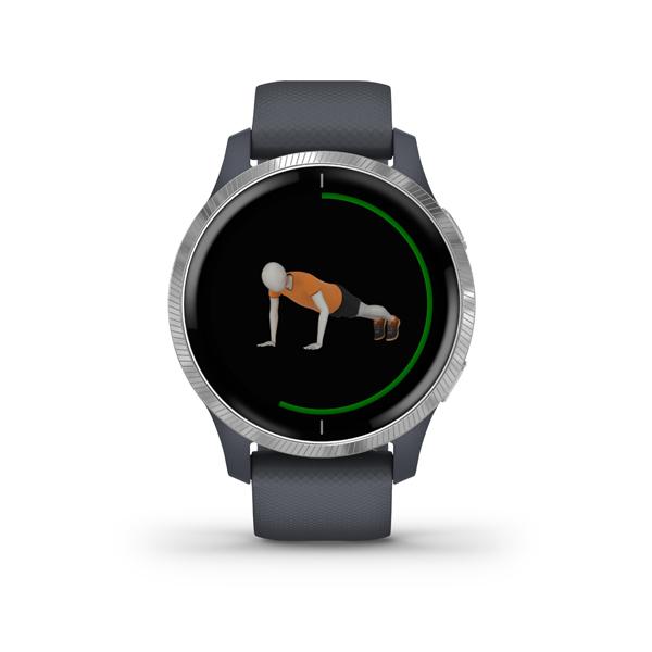 Išmanusis laikrodis Garmin Venu, Sidabro spalvos korpuso apvadas su mėlynai pilkos spalvos dirželiu