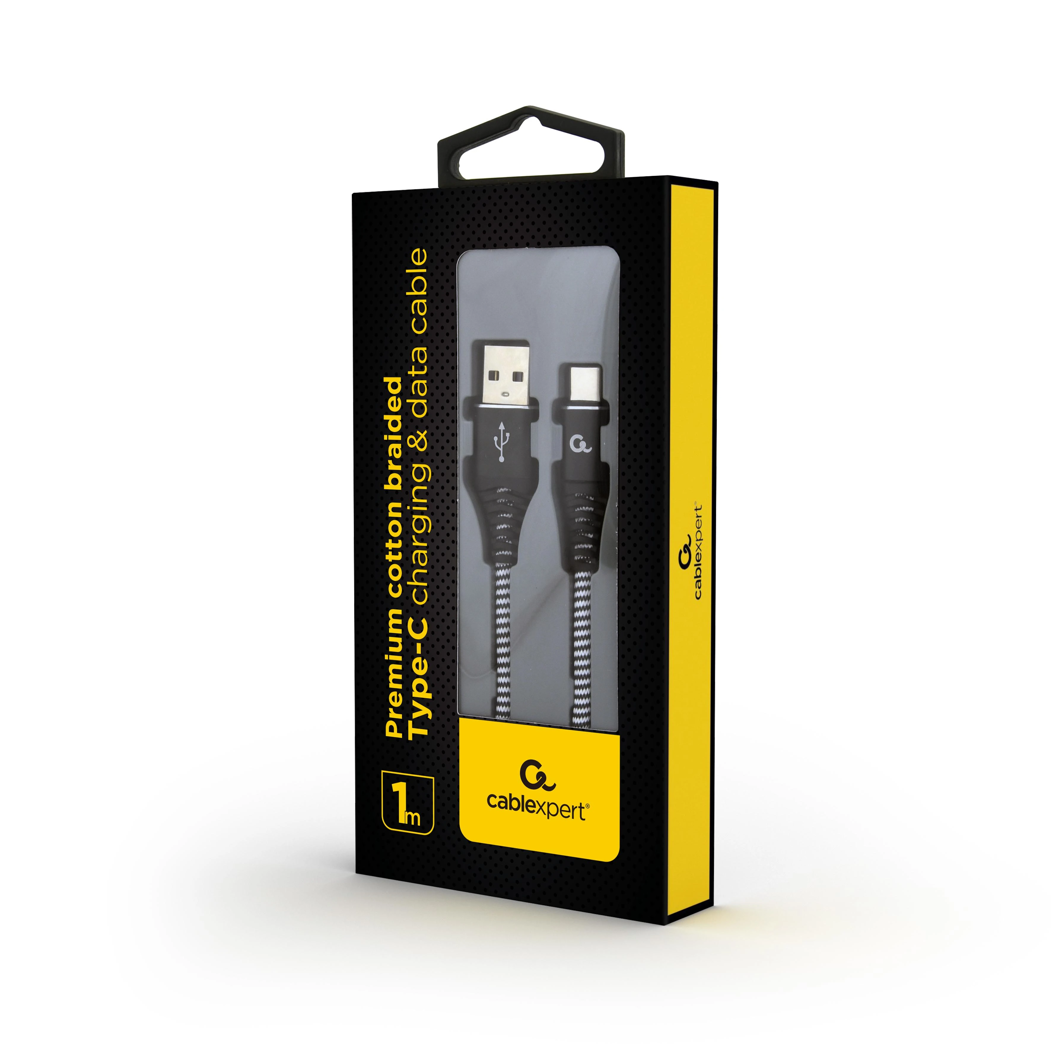 GEMBIRD CC-USB2B-AMCM-1M-BW Premium medvilninis pintas Type-C USB įkrovimo ir duomenų laidas 1m juodas/baltas