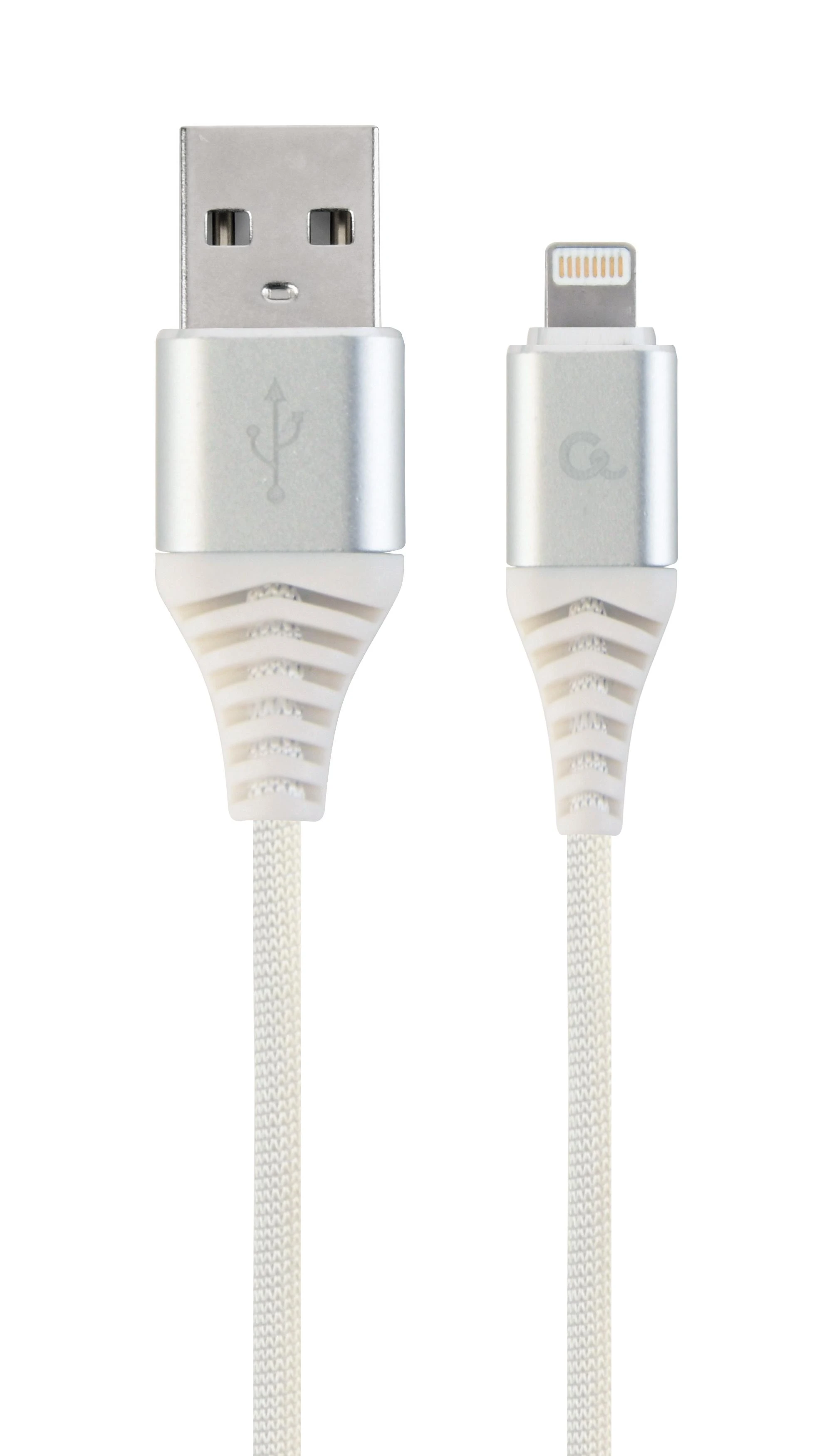 GEMBIRD CC-USB2B-AMLM-2M-BW2 Gembird Premium medvilninis pintas 8 kontaktų įkrovimo ir duomenų kabelis, 2m, sidabrinis/baltas