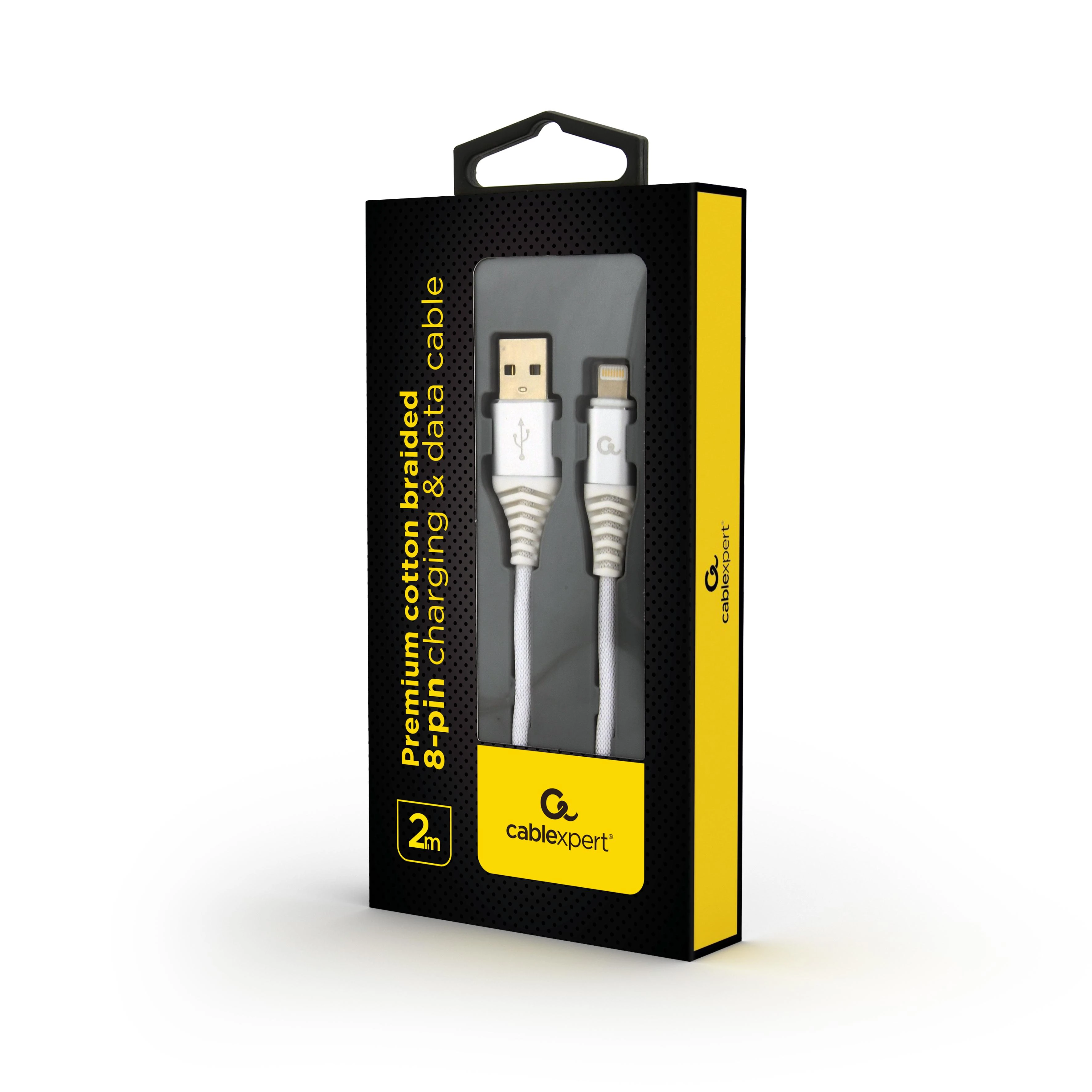 GEMBIRD CC-USB2B-AMLM-2M-BW2 Gembird Premium medvilninis pintas 8 kontaktų įkrovimo ir duomenų kabelis, 2m, sidabrinis/baltas