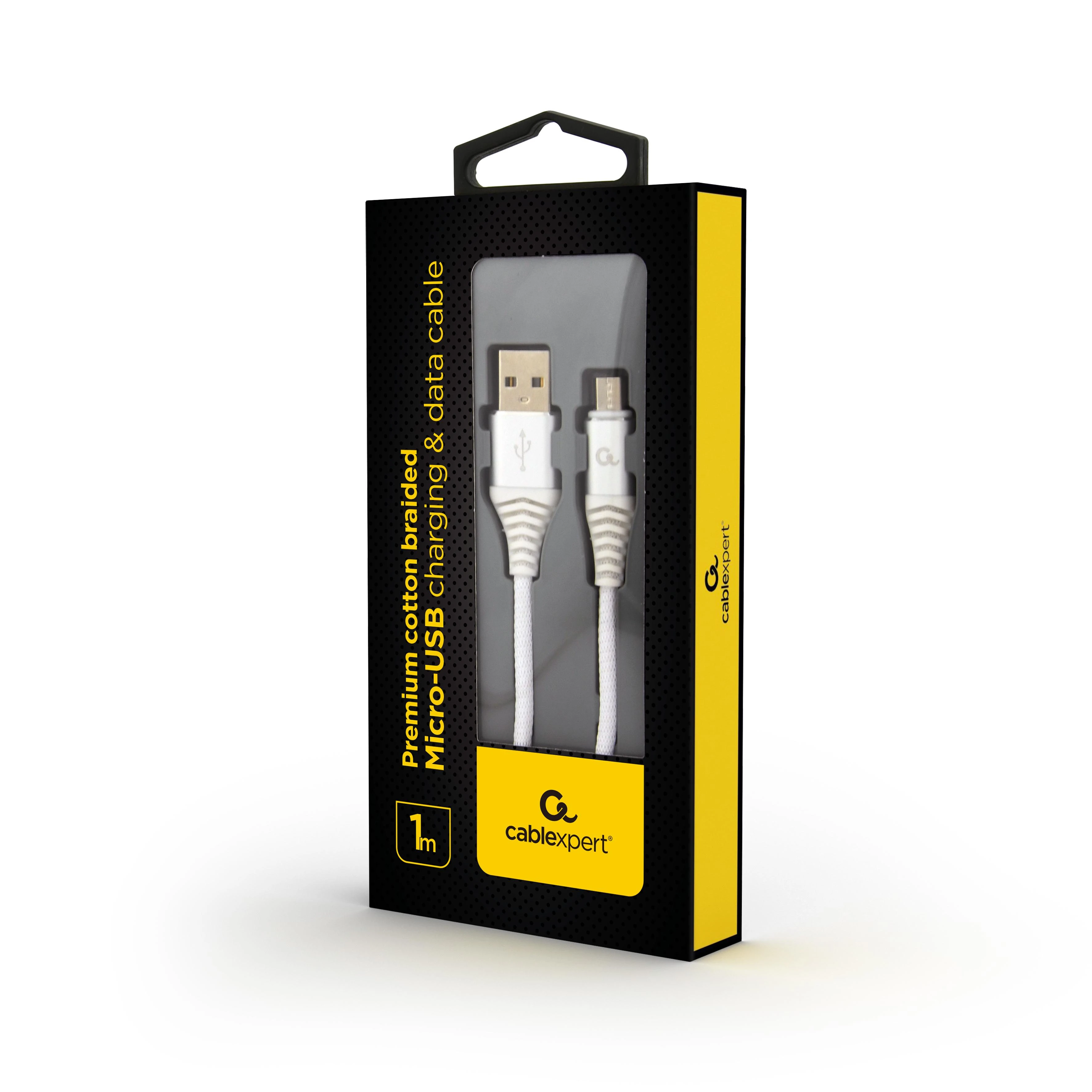 GEMBIRD CC-USB2B-AMmBM-1M-BW2 Gembird Premium medvilninis pintas Micro-USB įkrovimo ir duomenų kabelis,1m,sidabrinis/baltas
