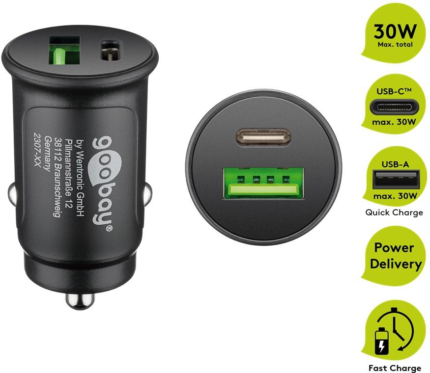 Goobay dvigubas USB automobilinis greitas įkroviklis USB-C™ PD (maitinimas)