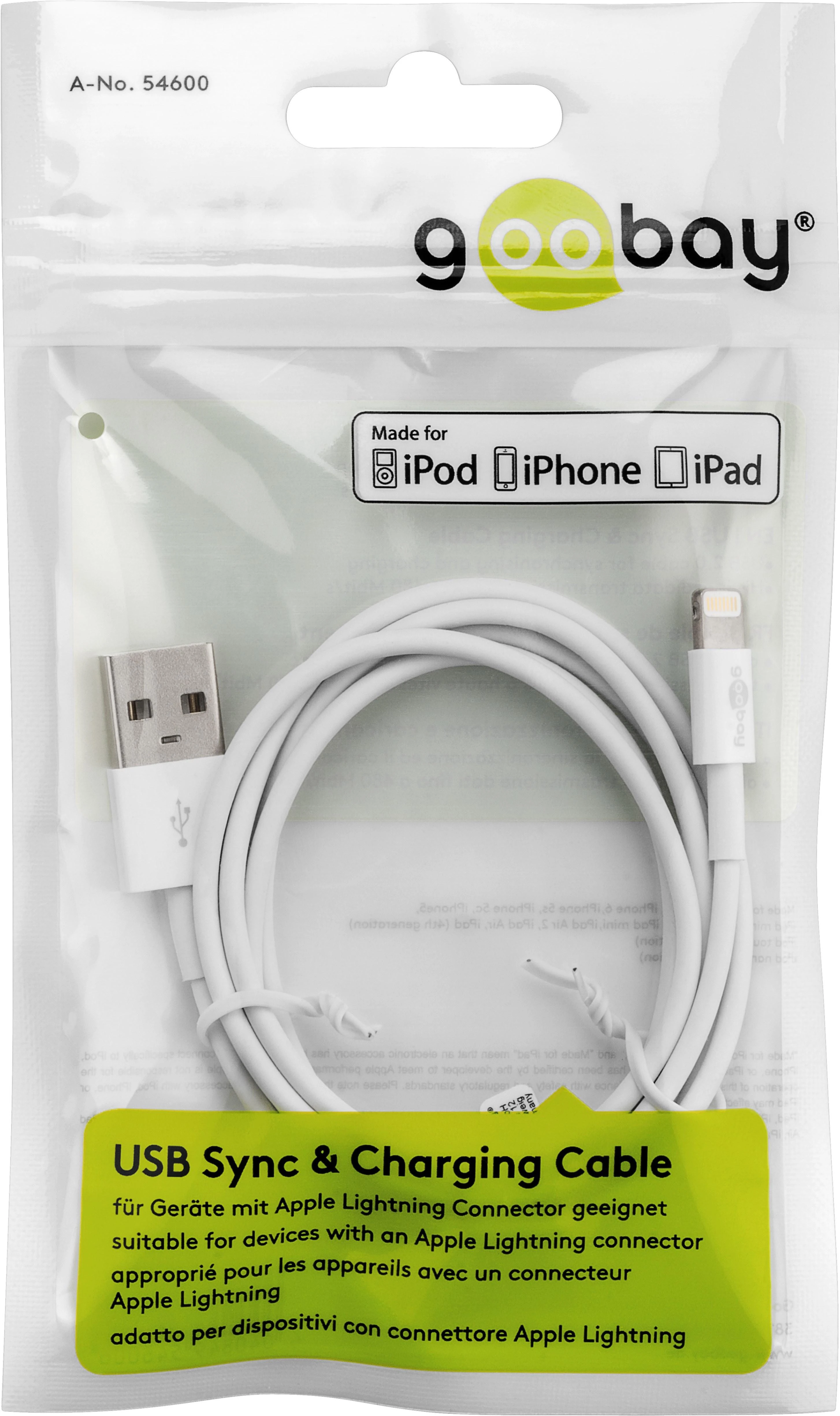 Goobay | „Lightning“ USB įkrovimo ir sinchronizavimo kabelis | 54600 | USB-C prie „Lightning Apple Lightnin“ (8 kontaktų) | USB 2.0 kištukas (A tipas)